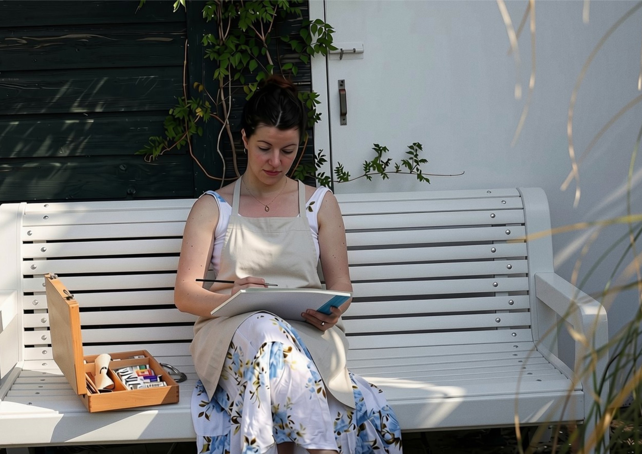 A woman sitting on a white bench outdoors, writing or drawing in a notebook, with art supplies in a wooden box next to her. She wears a white apron and floral-patterned pants, with a green hedge and white wall behind her.