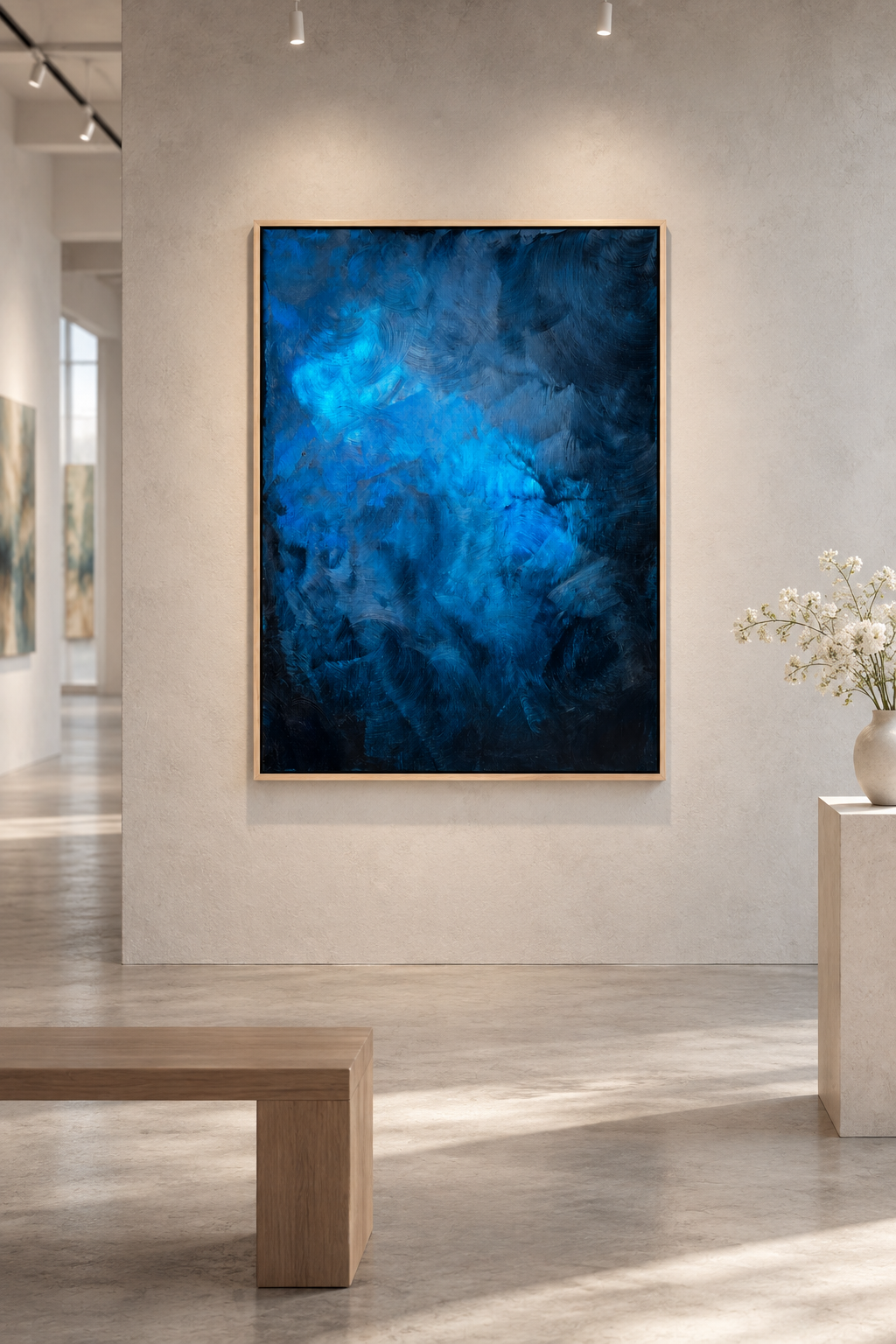 Abstract blue painting displayed on a white gallery wall with a wooden bench in the foreground and a vase with white flowers on a pedestal to the right.