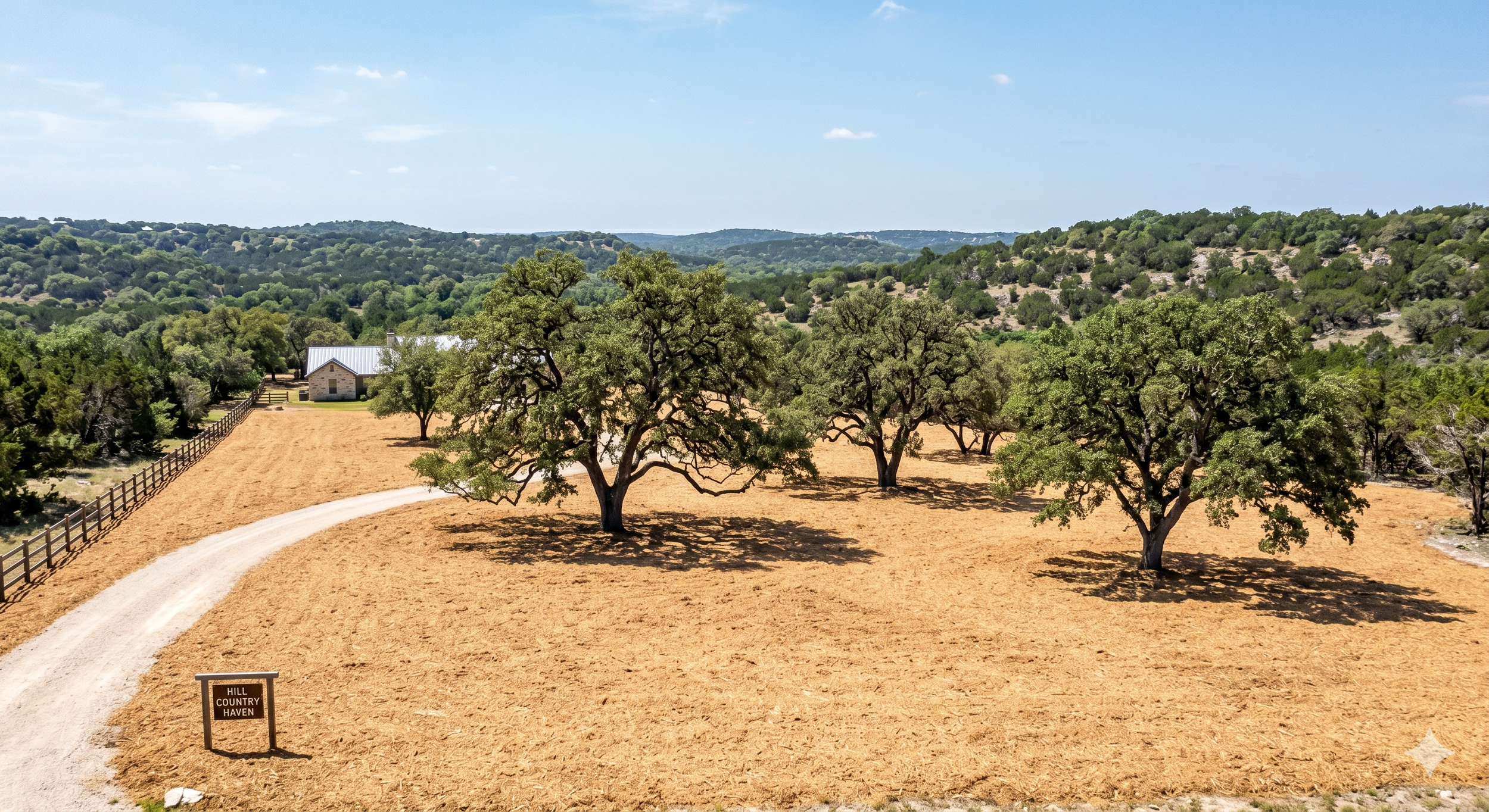 A rural landscape with a dirt path, several large trees, a house with a metal roof, and rolling hills covered in green vegetation under a partly cloudy sky.