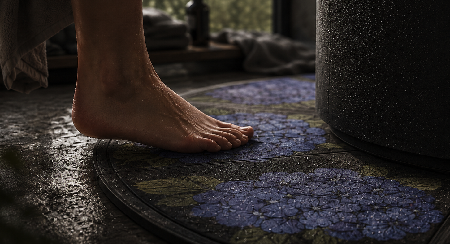 A person's bare foot standing on a wet, dark floor with a floral pattern, near a black object with water droplets, in a dimly lit room.