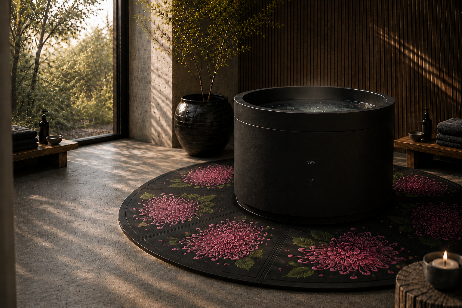 A modern indoor space with a large hot tub on a floral mat, adjacent to a window with outdoor plants, with towels, soap, a candle, and a potted plant.