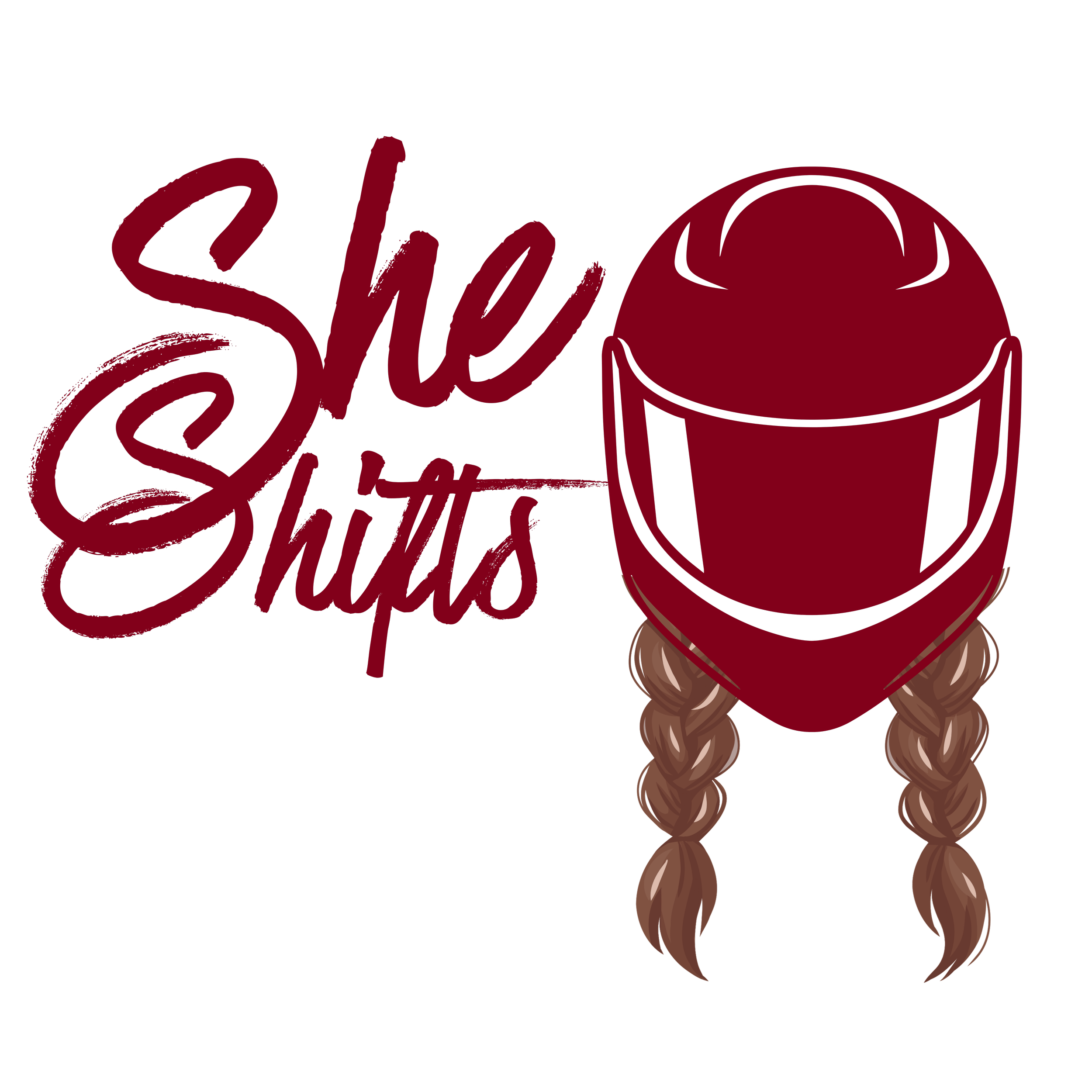 Red text reading "She Shifts" with a cartoon illustration of a red motorcycle helmet brown braided hairstyle.