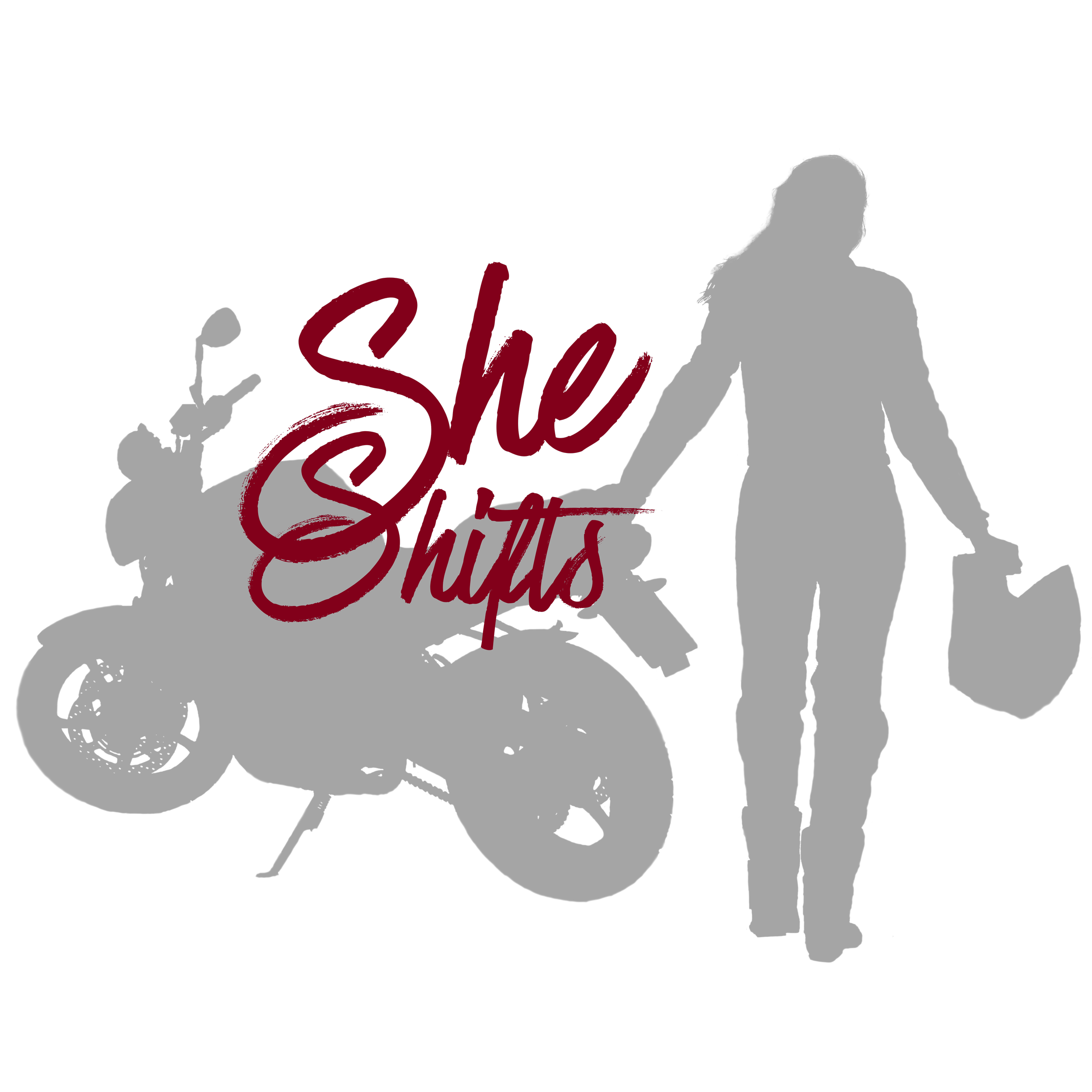 The image features a dark black background with a handwritten style text in burgundy color that says "She Shifts" with a decorative flourish underneath.