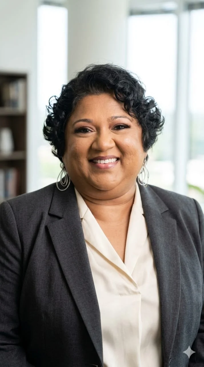 A smiling woman with short, curly black hair wearing a dark blazer and a white blouse, sitting in a modern office with large windows in the background.