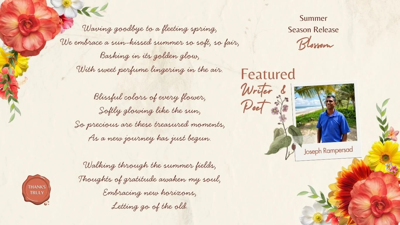 A floral card featuring a poem about summer, with a picture of a man standing on the beach surrounded by palm trees, and colorful flowers decorating the border.