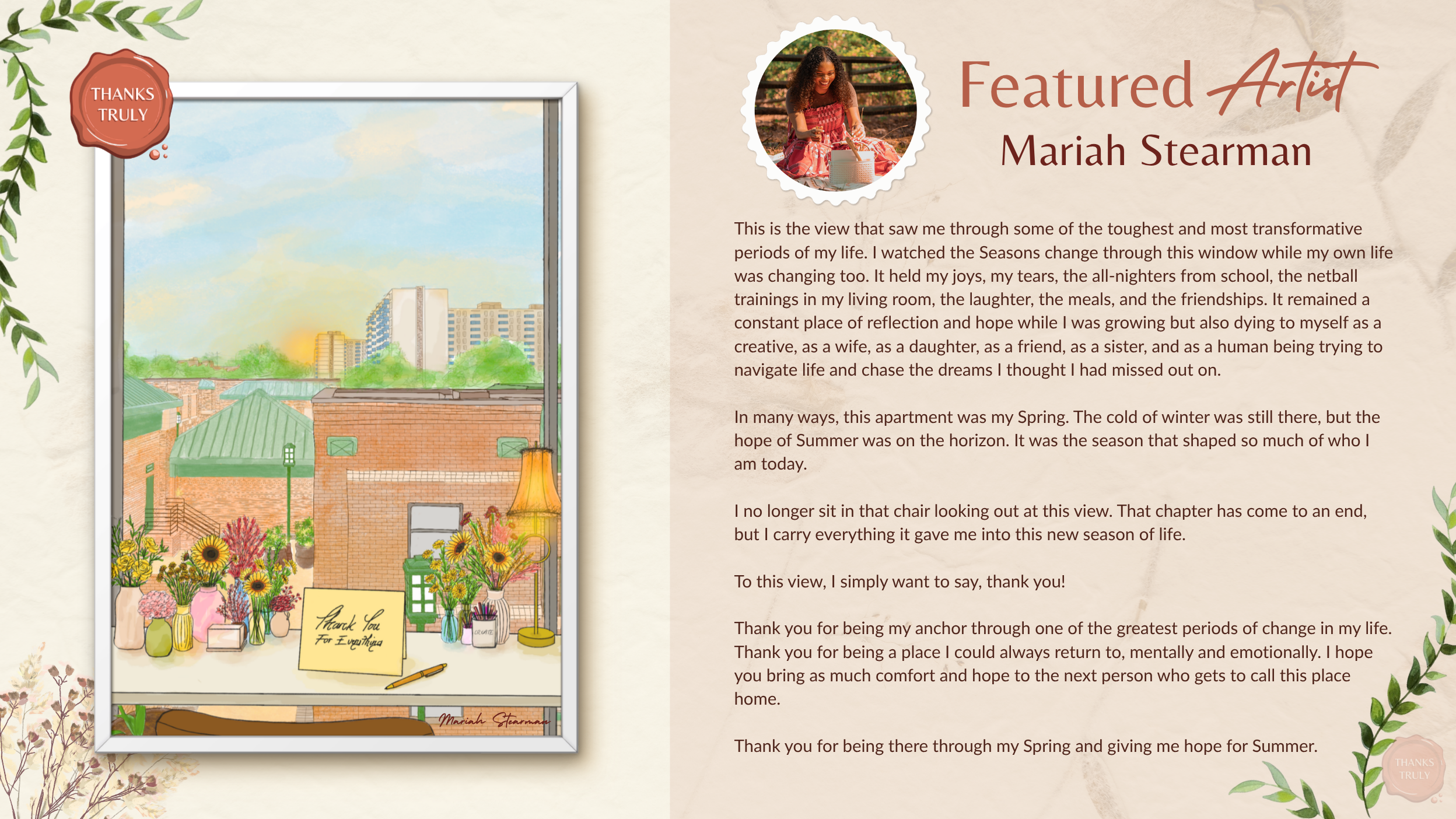 A digital illustration of a window view showing a cityscape with high-rise buildings, green trees, a partly cloudy sky, and a sunset. In front of the window, there's a collection of flowers in vases, a sign that says 'Thank You for Everything,' and a yellow lamp. The scene is framed with decorative leaves on the corners.