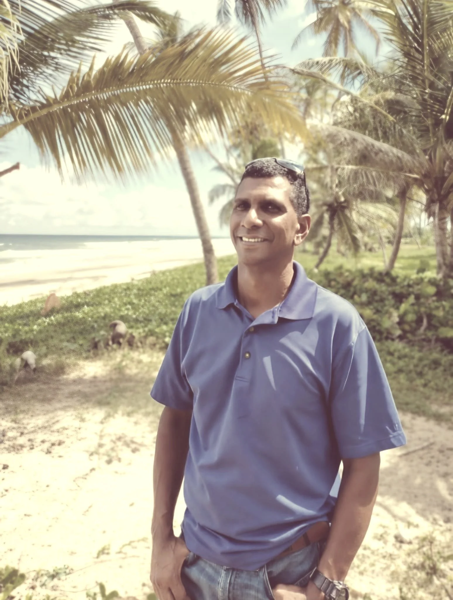 A man standing outdoors near the beach with palm trees in the background, wearing a blue polo shirt, sunglasses on his head, and smiling.