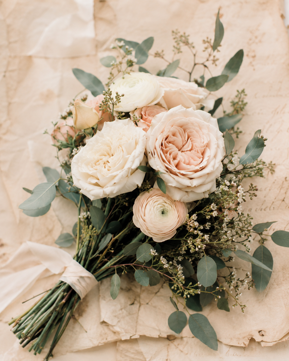 A bouquet of cream, blush, and white roses, eucalyptus leaves, and small white filler flowers on crumpled light brown paper.