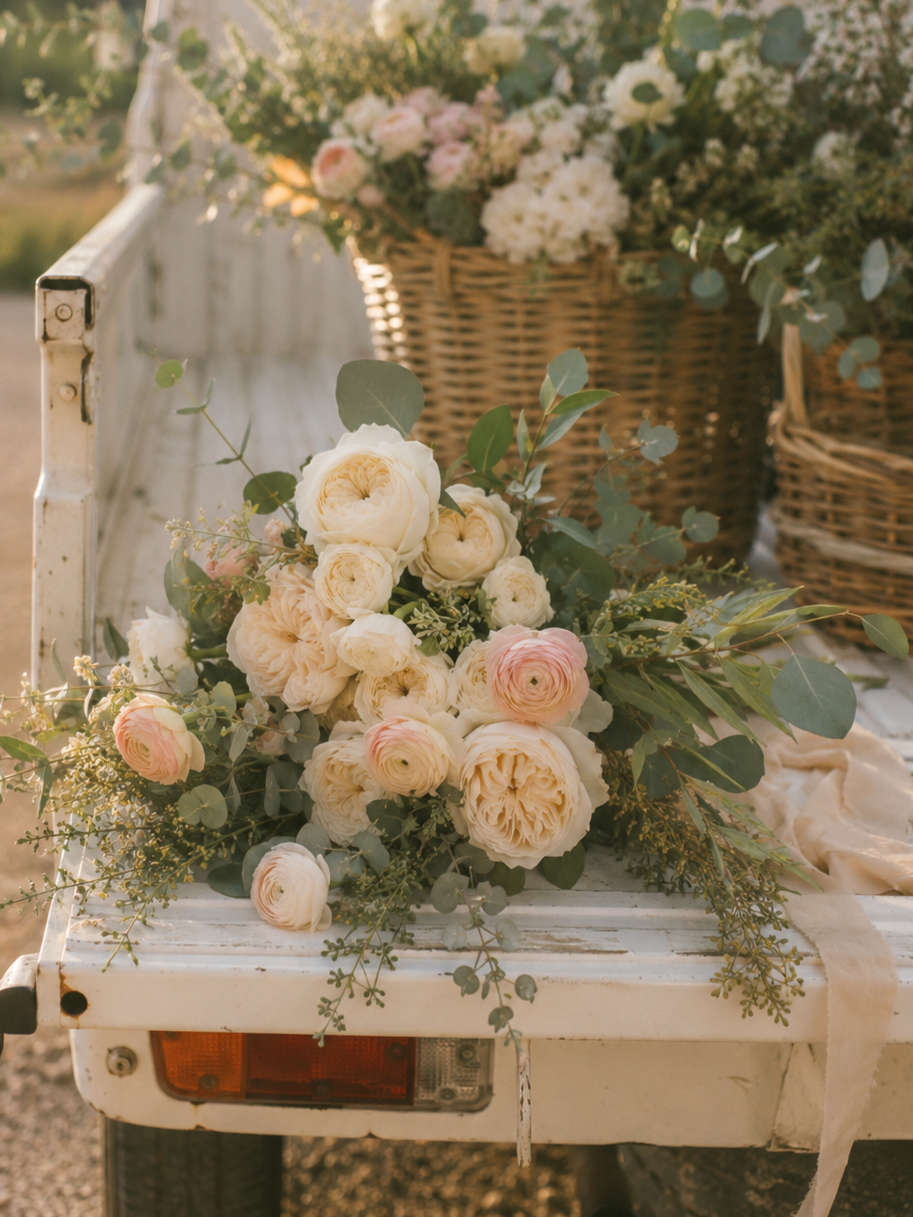 A bouquet of light pink and white flowers resting on the back of a vintage white truck with wicker baskets of flowers in the background, outdoors during sunset.