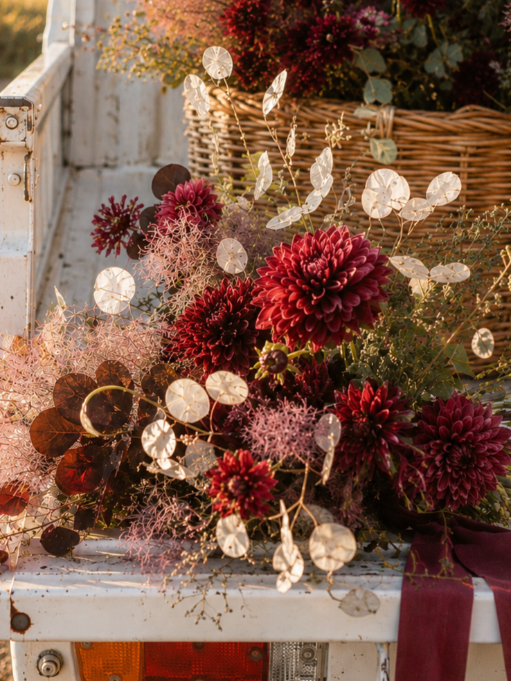 A display of deep red and pink flowers, including dahlias, arranged with white and pink foliage, on the back of a white truck with a wicker basket in the background.