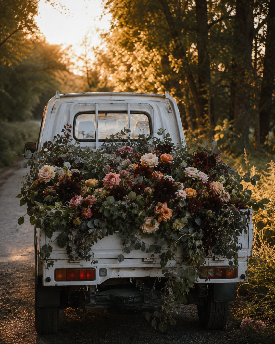 A small white truck loaded with a large bouquet of colorful flowers parked on a dirt road at sunset with trees and sunlight in the background.