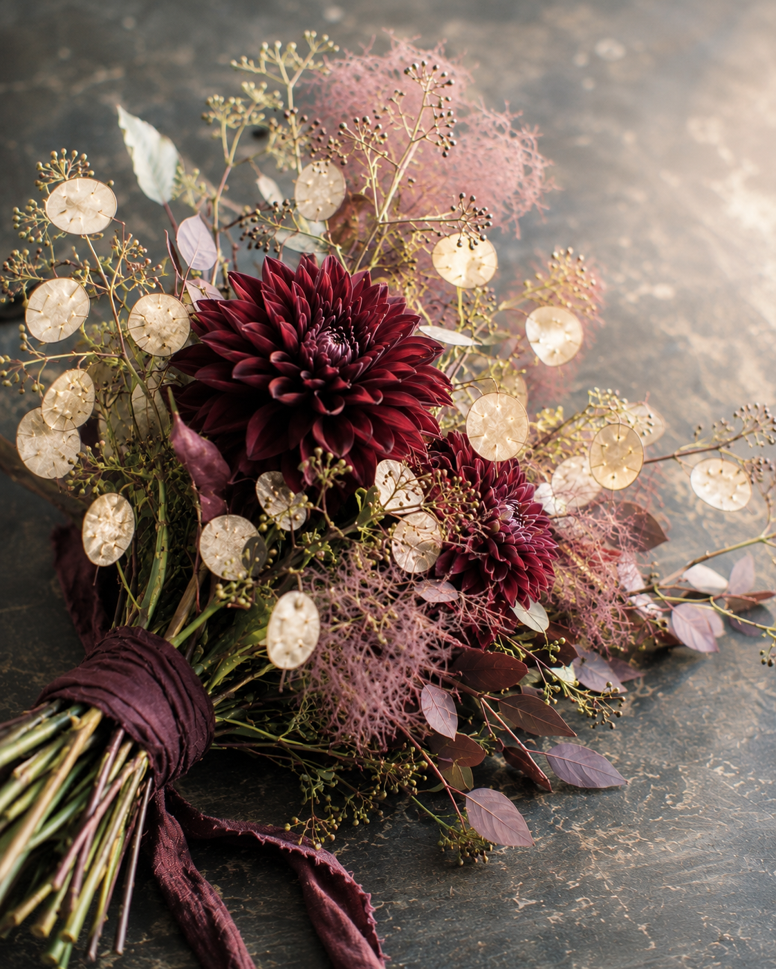 A bouquet of dark red dahlias, dried pink leaves, and delicate white and pink foliage tied with a dark red ribbon, resting on a dark textured surface.