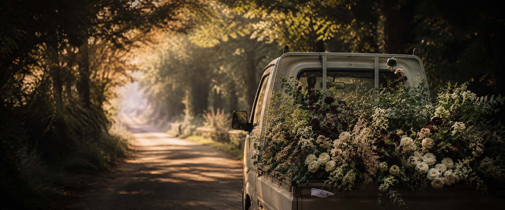 A small white truck fully loaded with a large bouquet of white and dark red flowers parked on the side of a tree-lined dirt road at sunset.