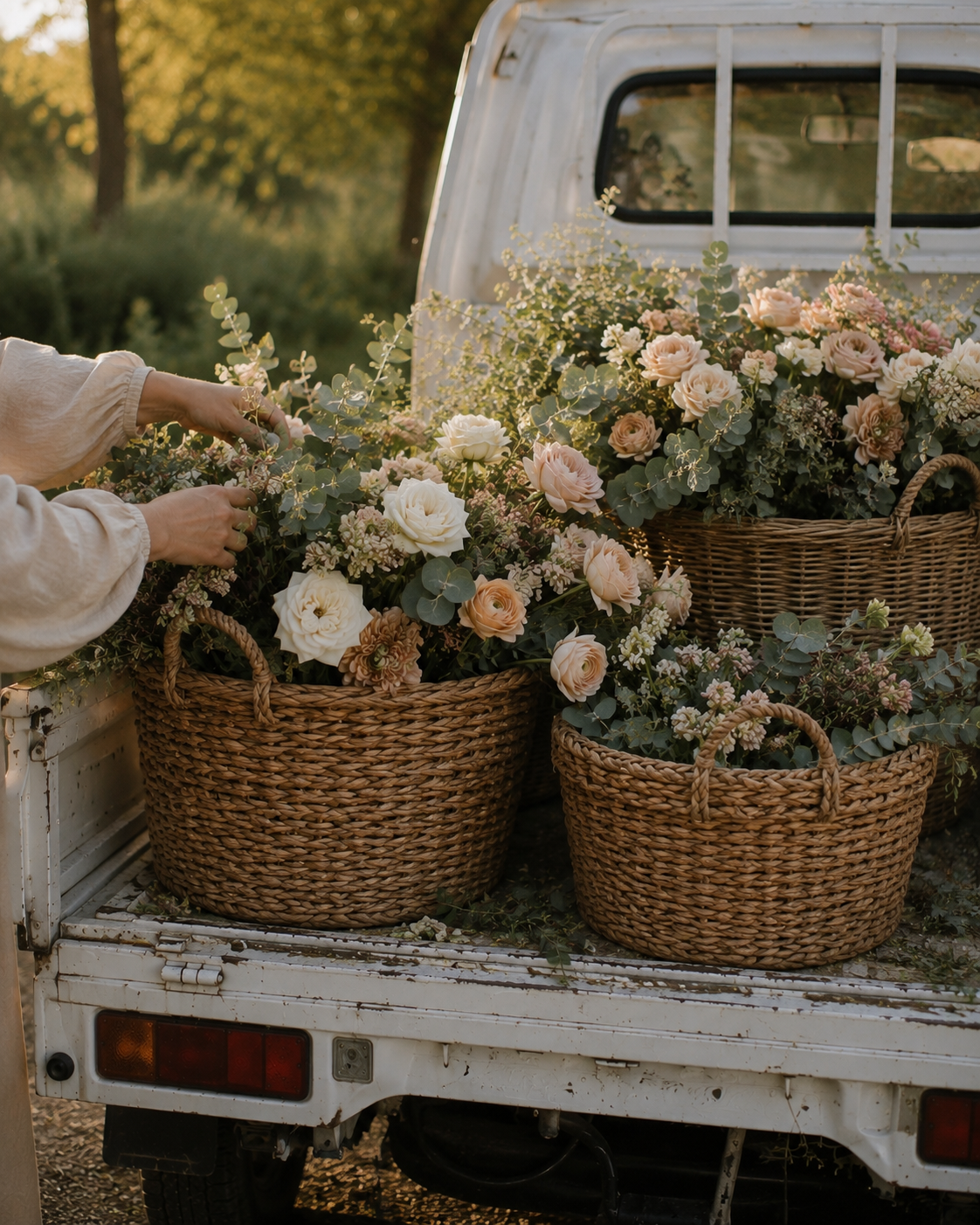Close-up of a person arranging flowers in wicker baskets in the back of a small white pickup truck, with trees and sunlight in the background.