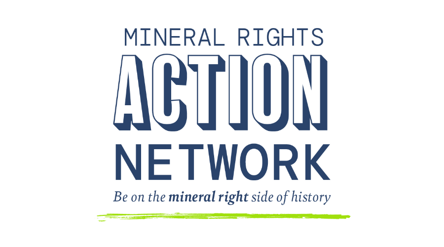 Logo for the Mineral Rights Action Network with the tagline "Be on the mineral right side of history" and a green underline.
