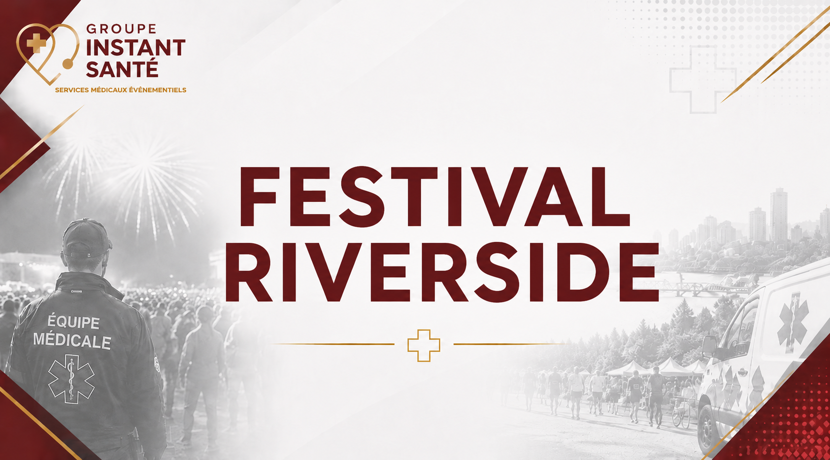 Affiche du Festival Riverside avec une image en noir et blanc d'une foule lors d'un événement, une équipe médicale, des ambulances, et un rappel des services médicaux, concernant un événement festif près de la rivière.