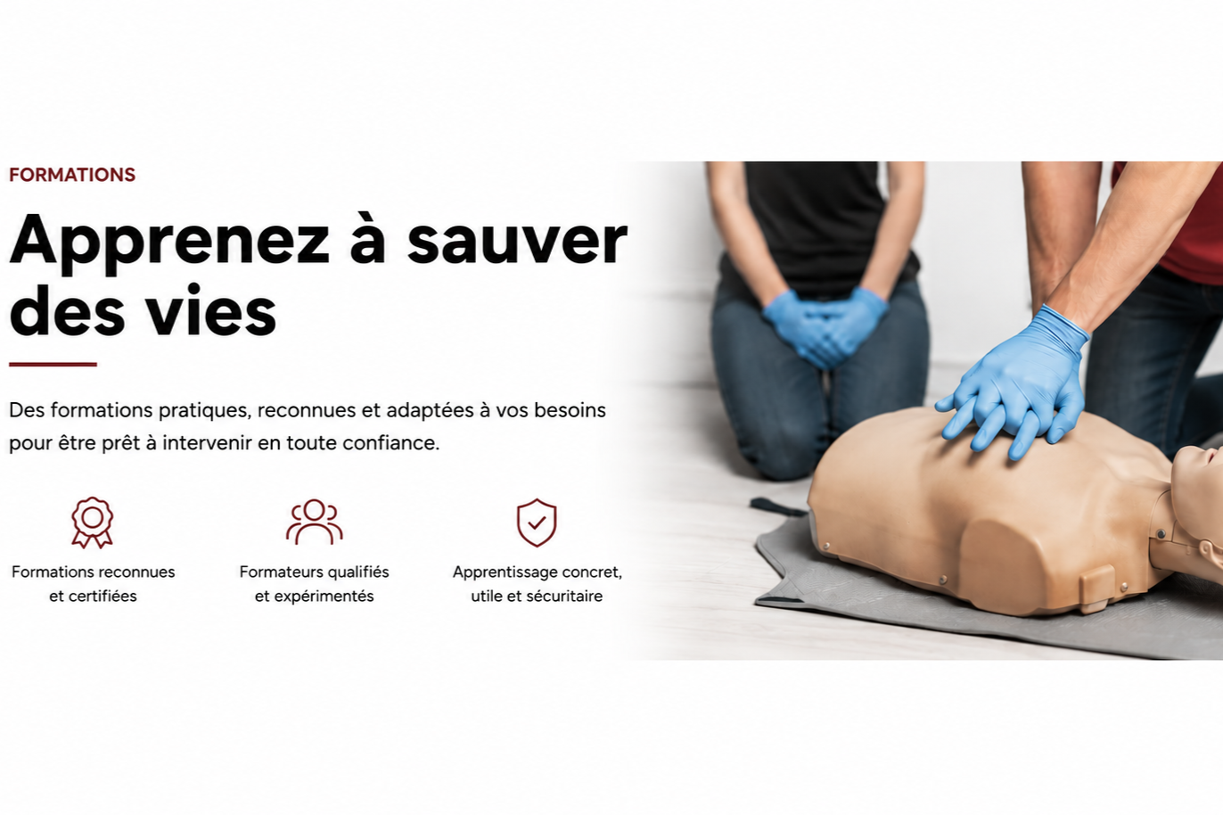Page web sur la formation aux techniques de secours avec une image d'une personne pratiquant le massage cardiaque sur un mannequin, portant des gants bleus.