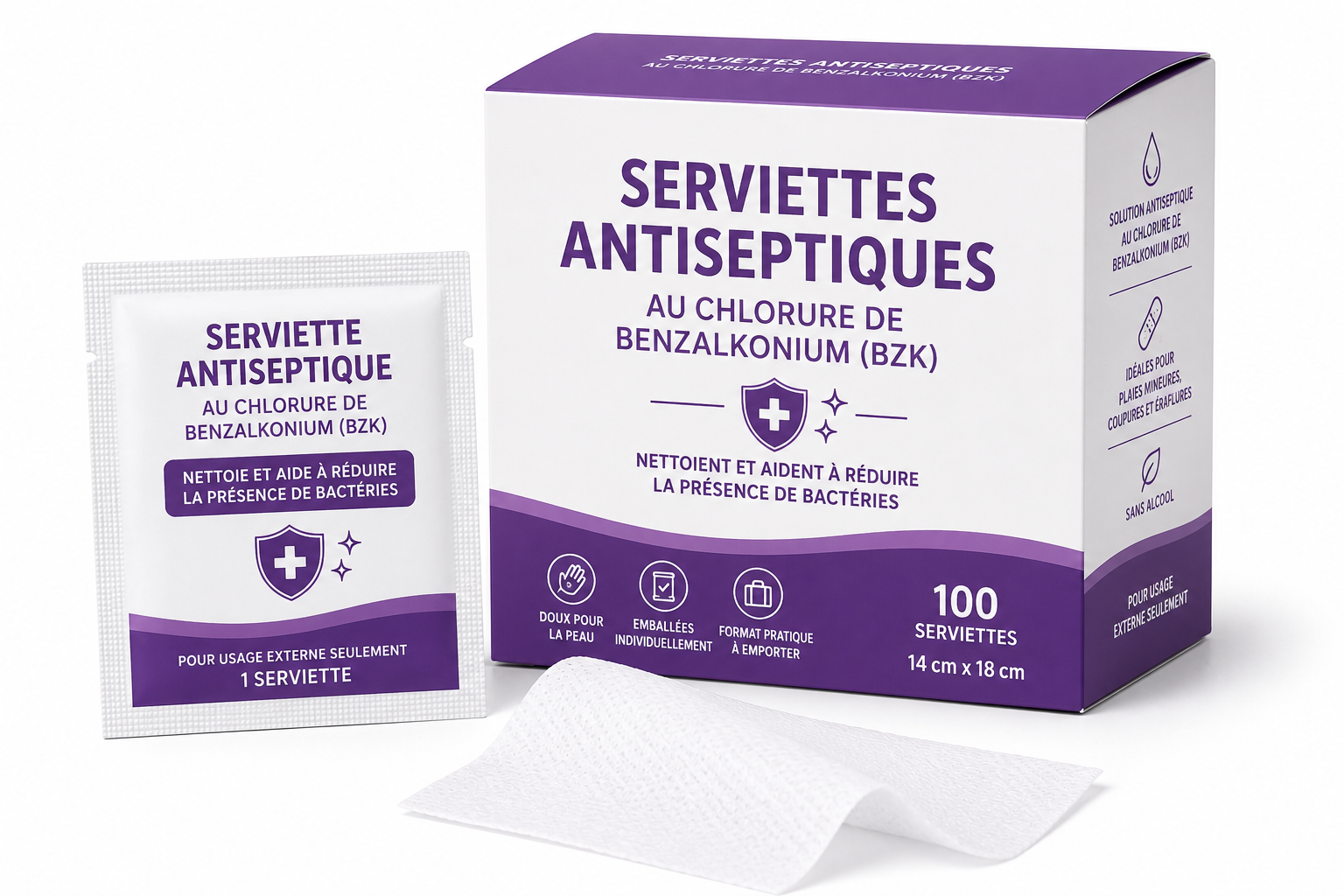 Serviettes antiseptiques au chlorure de benzalkonium (BZK)-Bte de 100