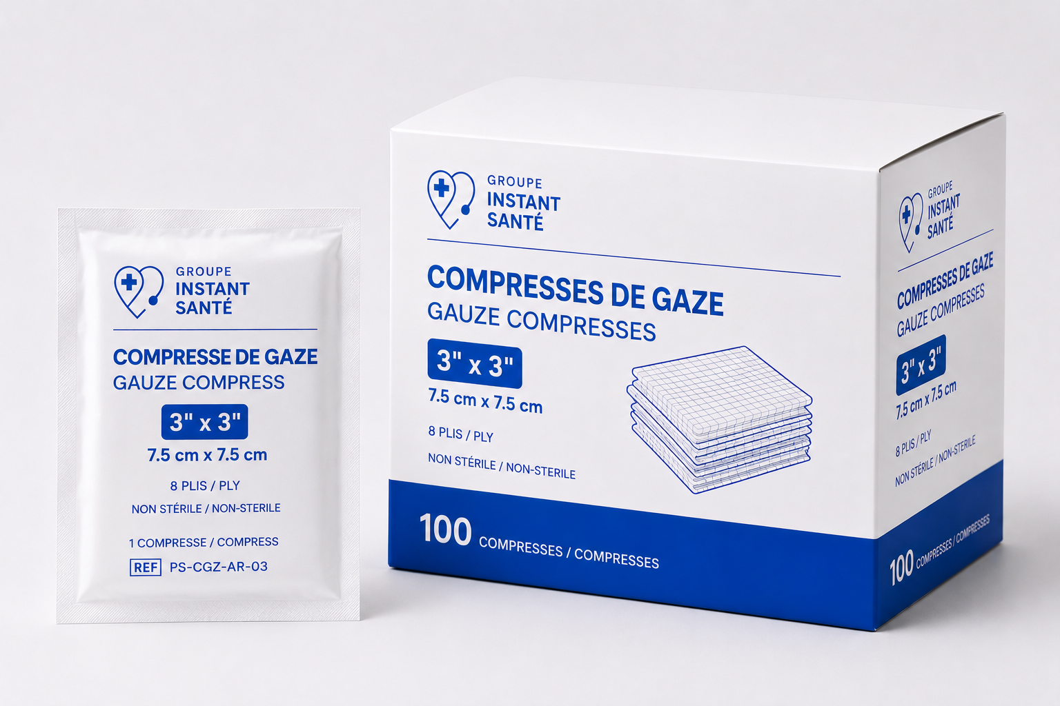 Compresses de gaze 3 x 3 – 12 plis – Emballage individuel et boîte de 100