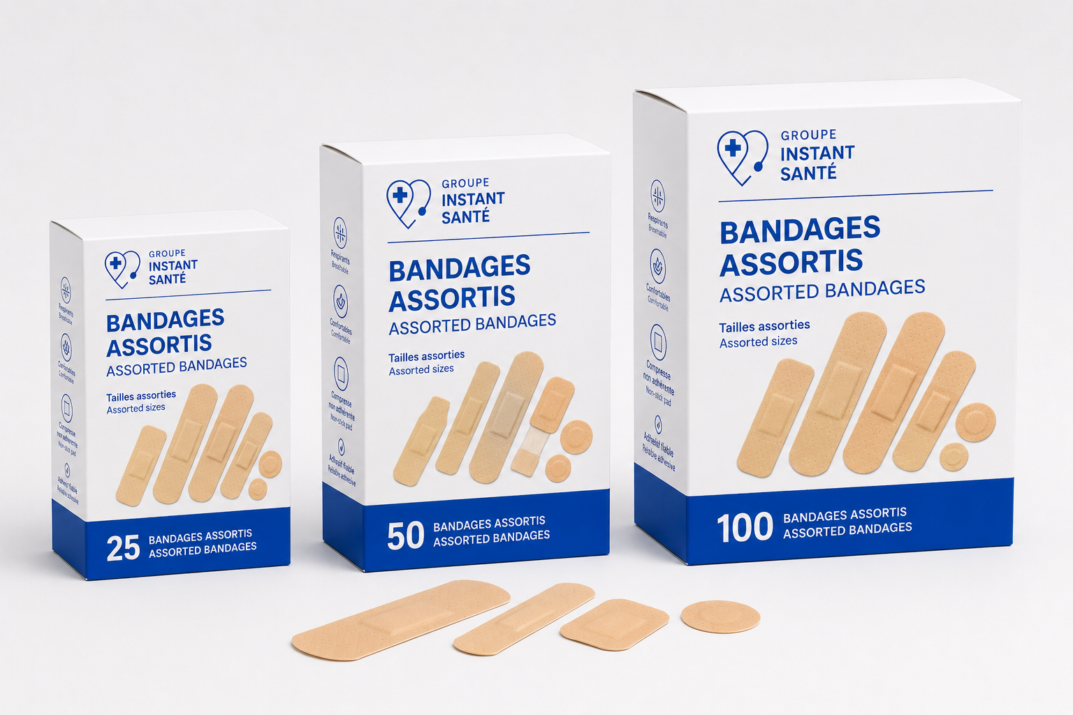 Bandages adhésifs assortis – Formats de 25, 50 et 100