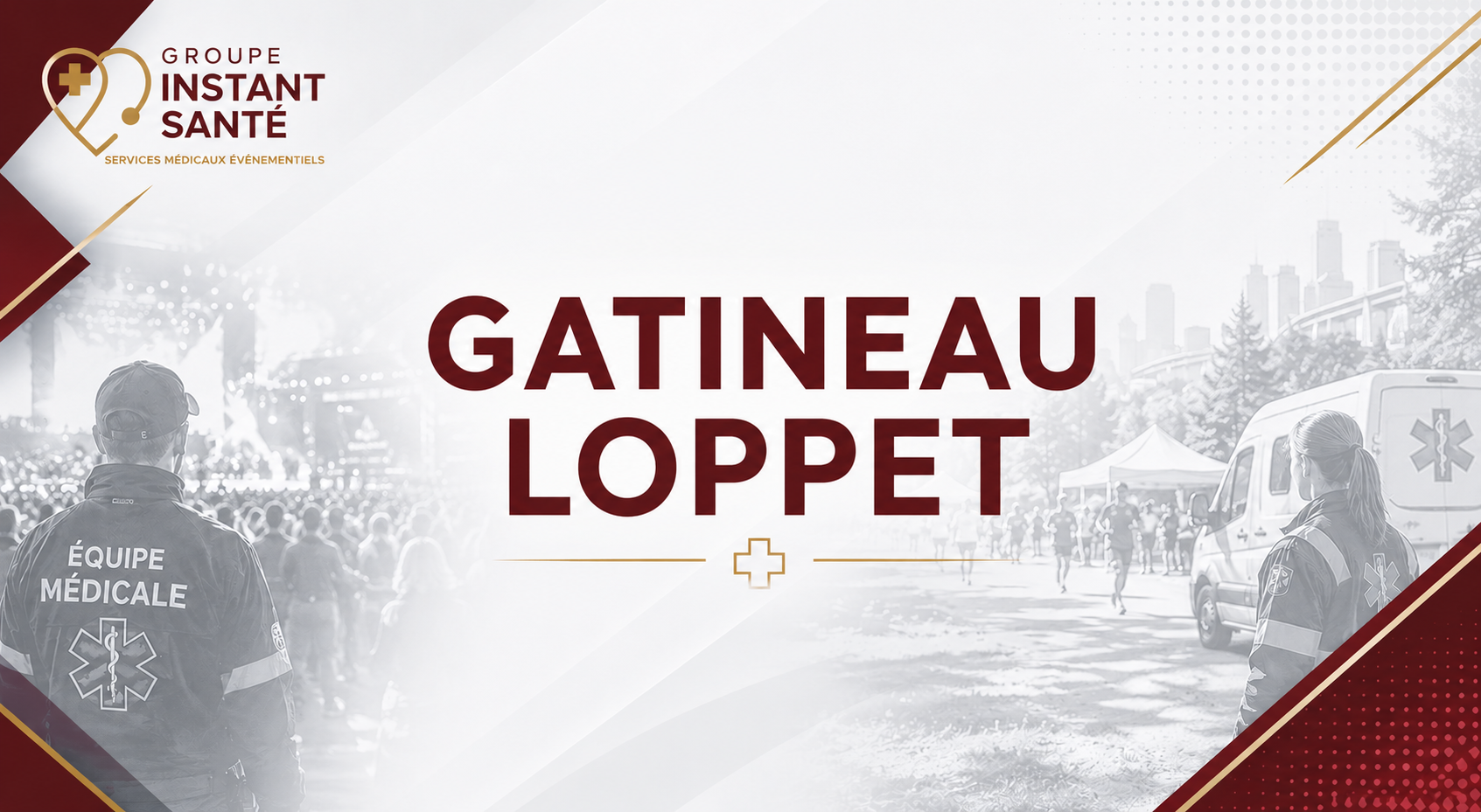 Affiche pour un événement de course ou de marathon, avec des équipes médicales et des secours, et le nom Gatineau Loppet au centre.
