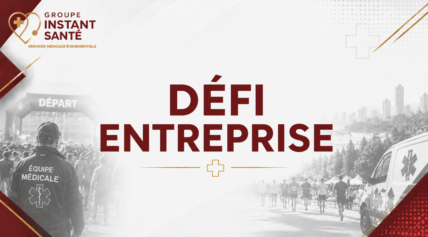 Affiche pour le groupe médical d'urgence, avec des ambulances et des coureurs lors d'une course, texte: 'Défi Entreprise'