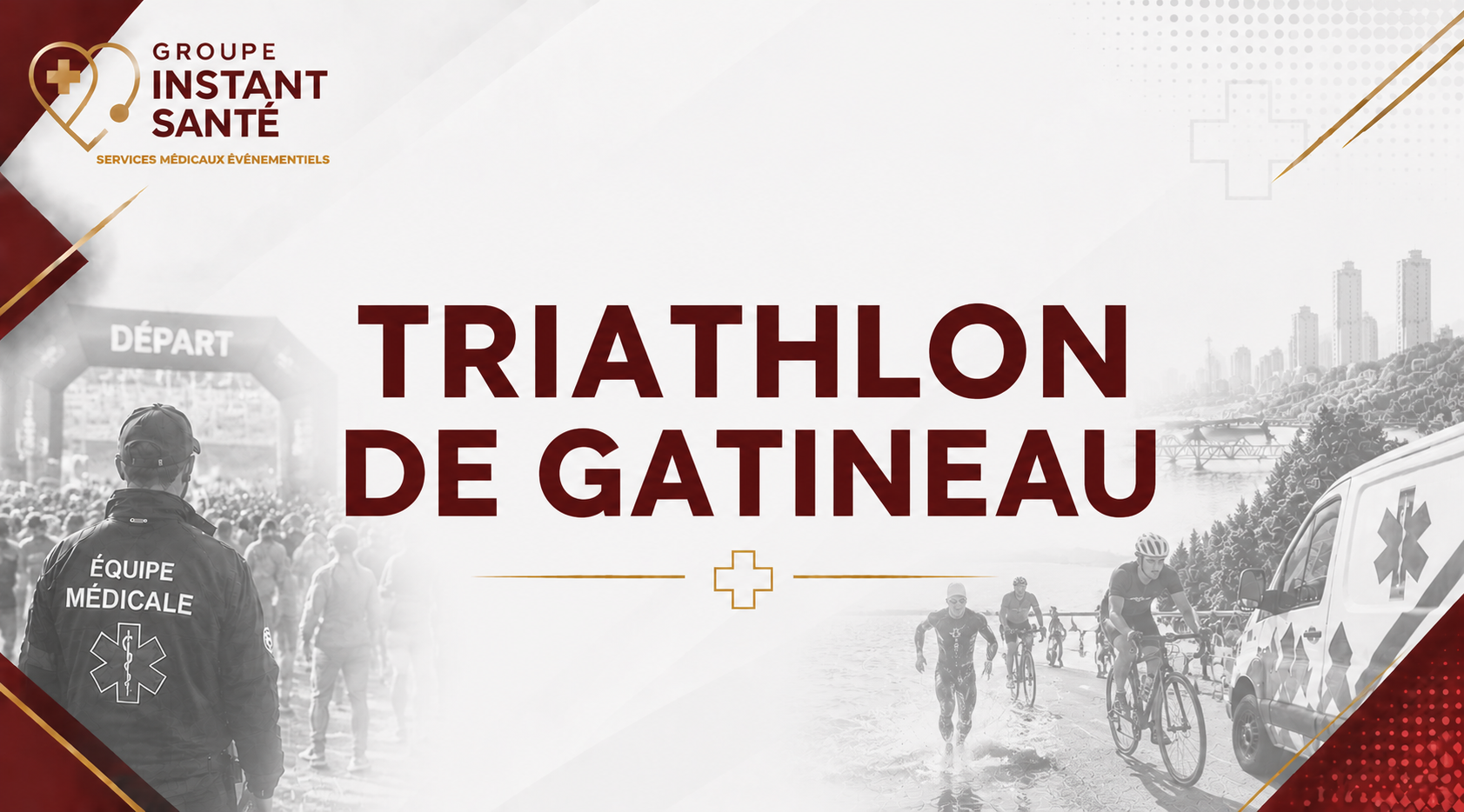 Affiche promotionnelle pour le triathlon de Gatineau, montrant des athlètes en course, une ambulance, un personnel médical, et un départ avec un arc d'arrivée, avec une vue urbaine en arrière-plan.