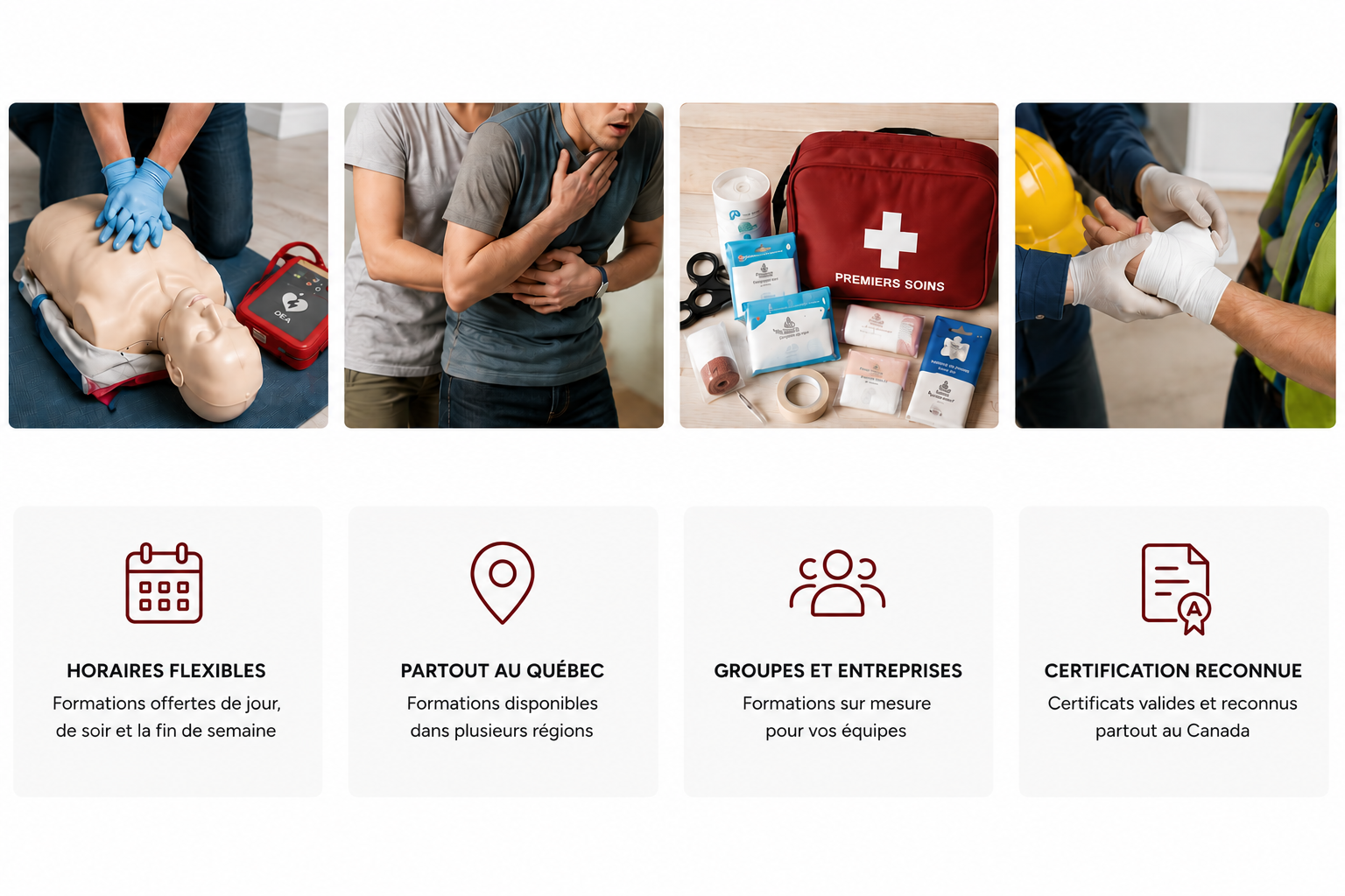 Images de formation en secourisme avec un mannequin pratique la réanimation, une personne souffrante tenant sa poitrine, une trousse de premiers soins, et une personne bandant une main.