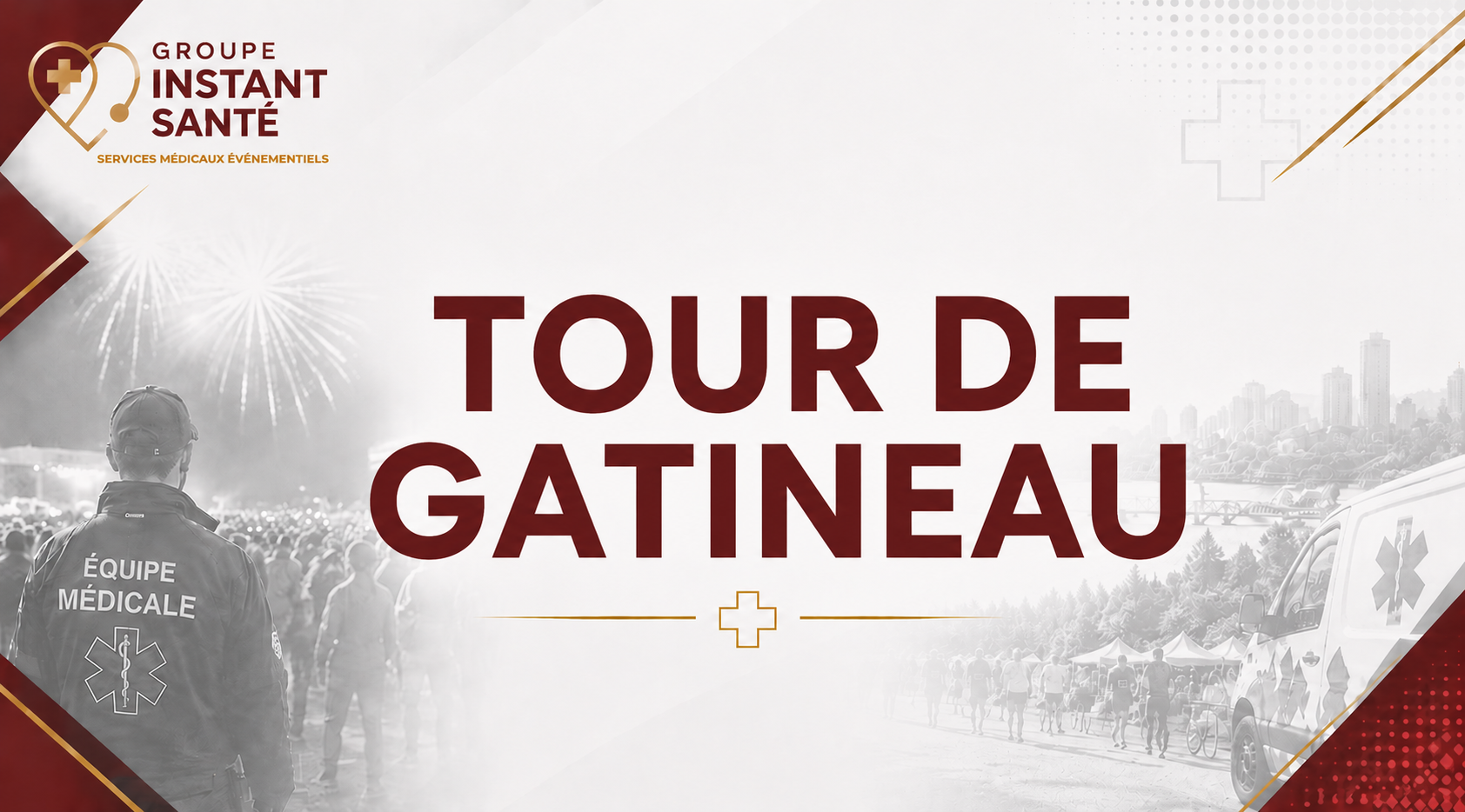 Affiche d'une tournée de la ville de Gatineau par le groupe d'urgence médicale, avec un héros médical en uniforme et des festivités avec des feux d'artifice en arrière-plan.