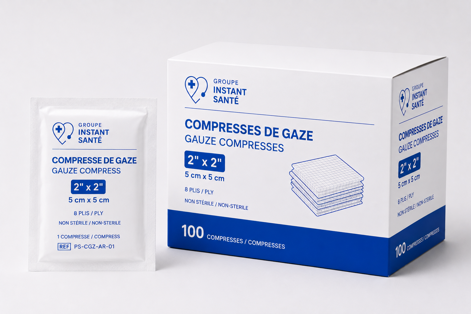 Compresses de gaze 2 x 2 – Emballage individuel et boîte de 100