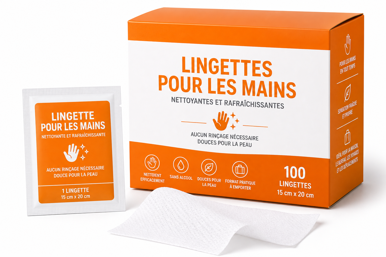 Lingettes nettoyantes pour les mains – Sans alcool (Boîte de 100)