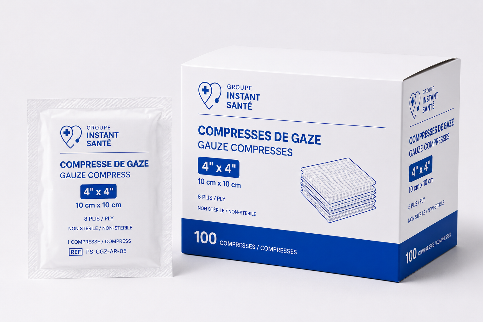 Compresses de gaze 4 x 4 – 12 plis – Emballage individuel et boîte de 100