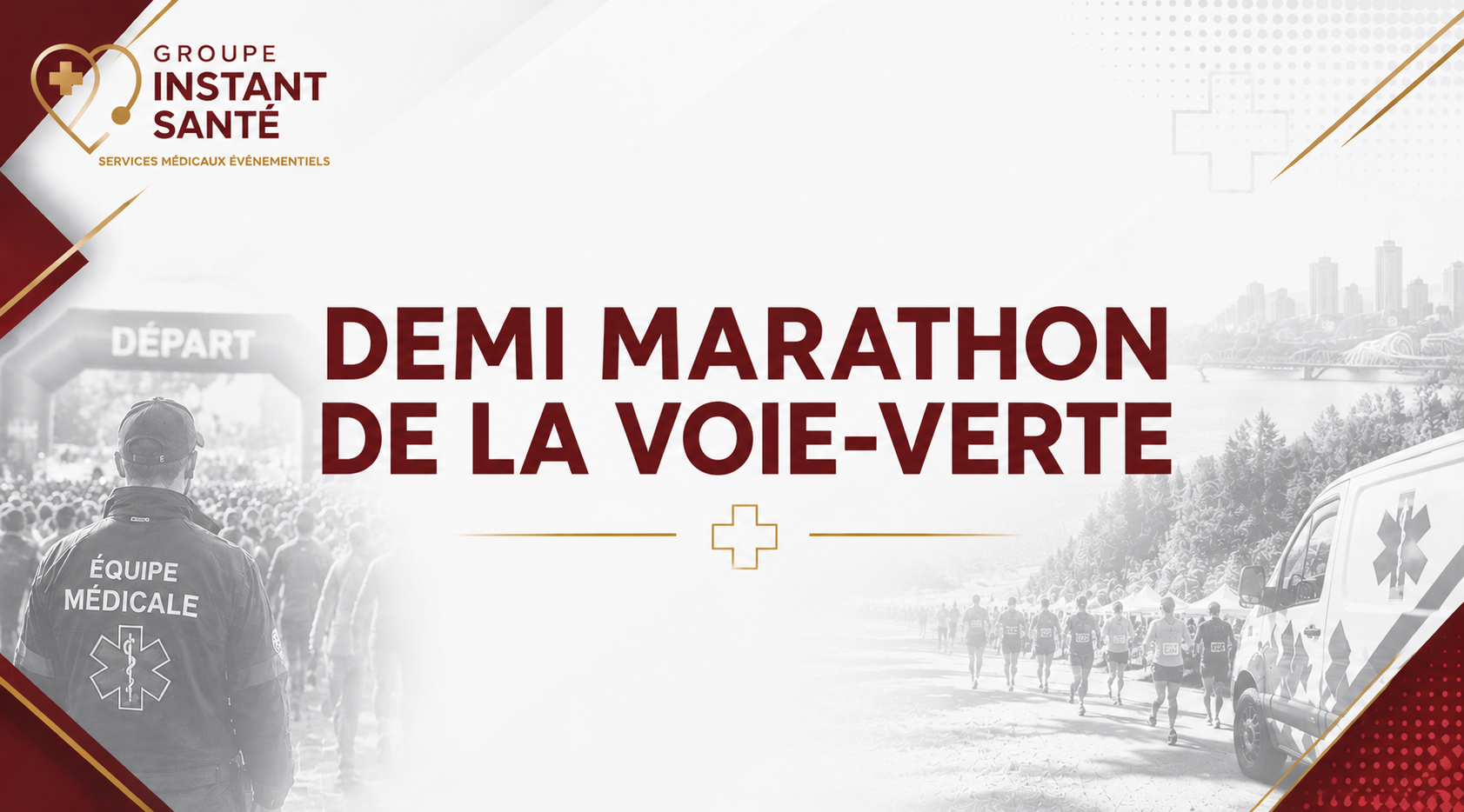 Affiche promotionnelle pour la demi-marathon de la voie-verte, organisée par le groupe Instant Santé. L'image montre un groupe de coureurs, une ambulance et un personnel médical avec un logo de croix sur l'ambulance, dans un paysage urbain avec la si