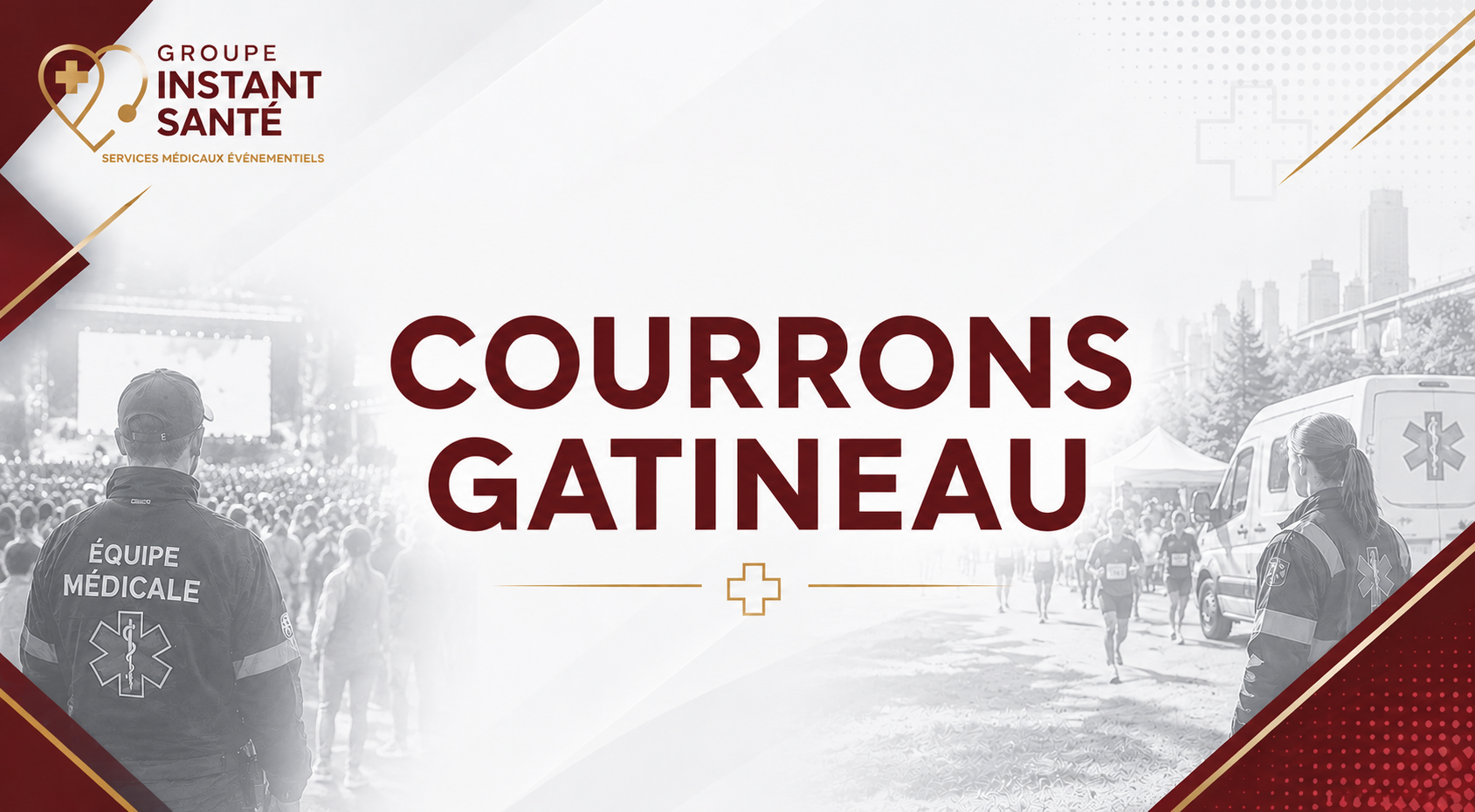 Affiche pour la course Gatinau avec des volontaires de l'équipe médicale en arrière-plan