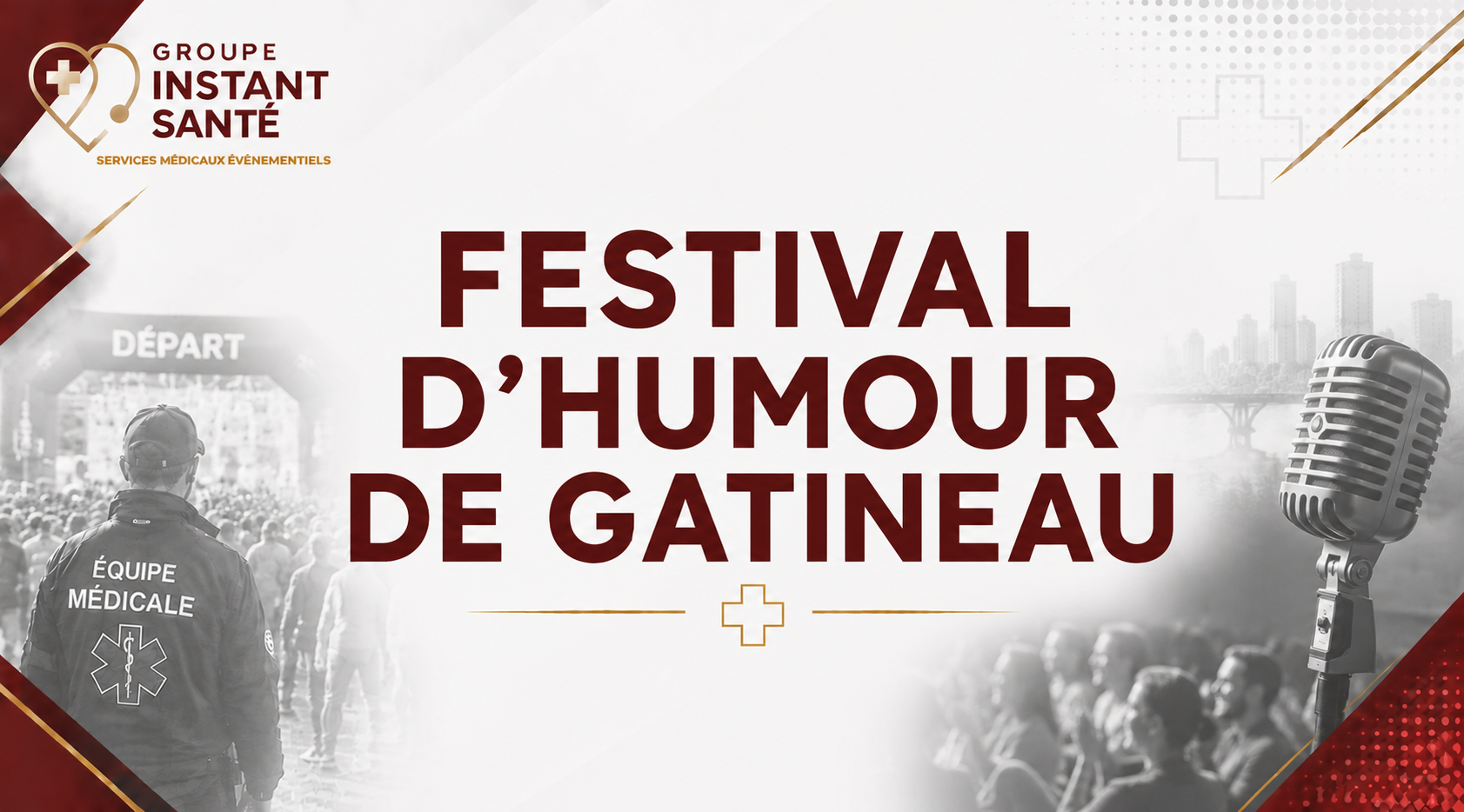 Affiche du Festival d'Humour de Gaineau avec un logo représentant un cœur avec une croix blanche, un micro à droite, une scène avec des spectateurs en arrière-plan, et un paramedic avec veste 'Équipe Médicale' en premier plan.