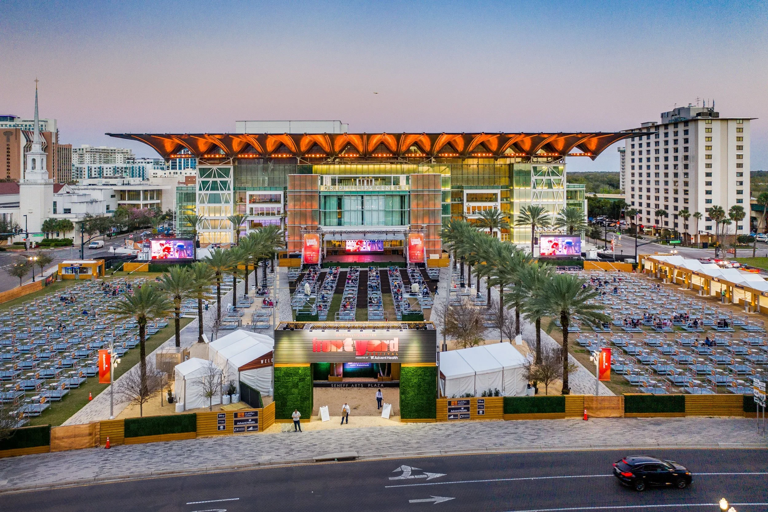 Exterior of Dr. Phillips Center during Frontyard Festival in 2020