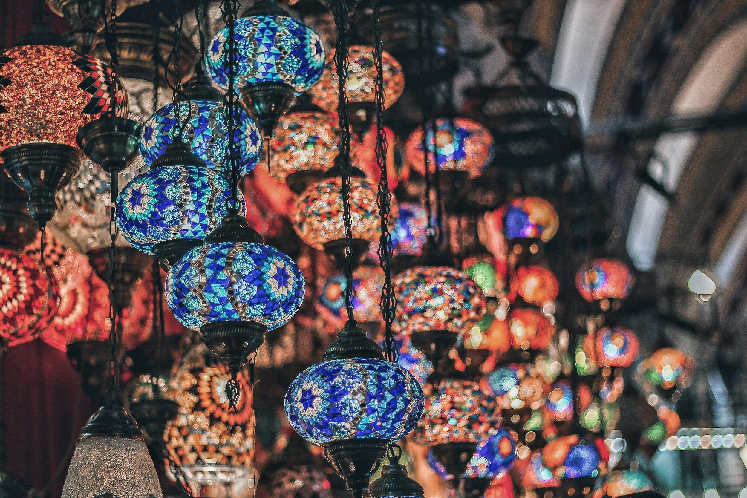 Turkish lamps hanging in a bazaar
