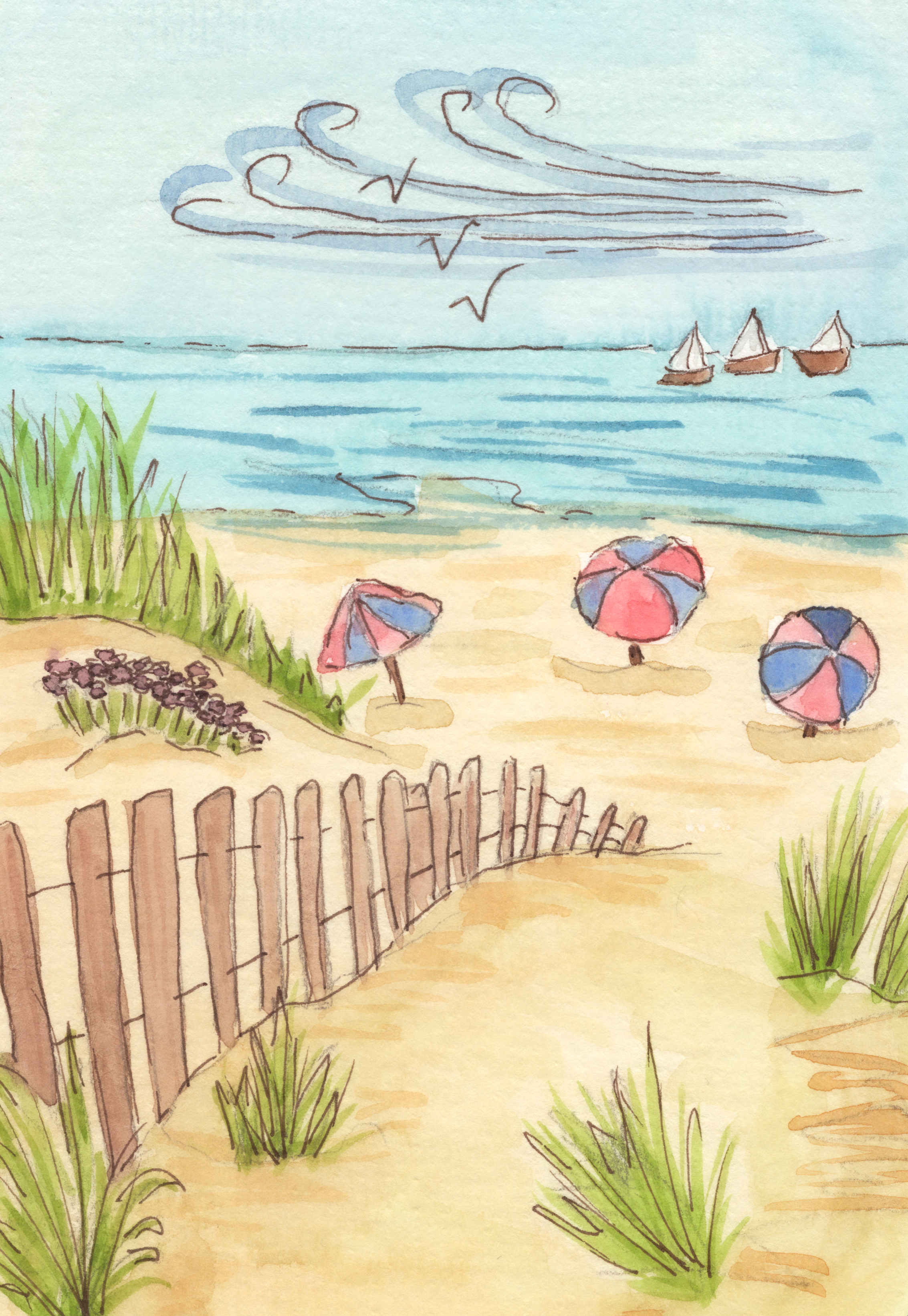 A watercolor painting of a beach scene.