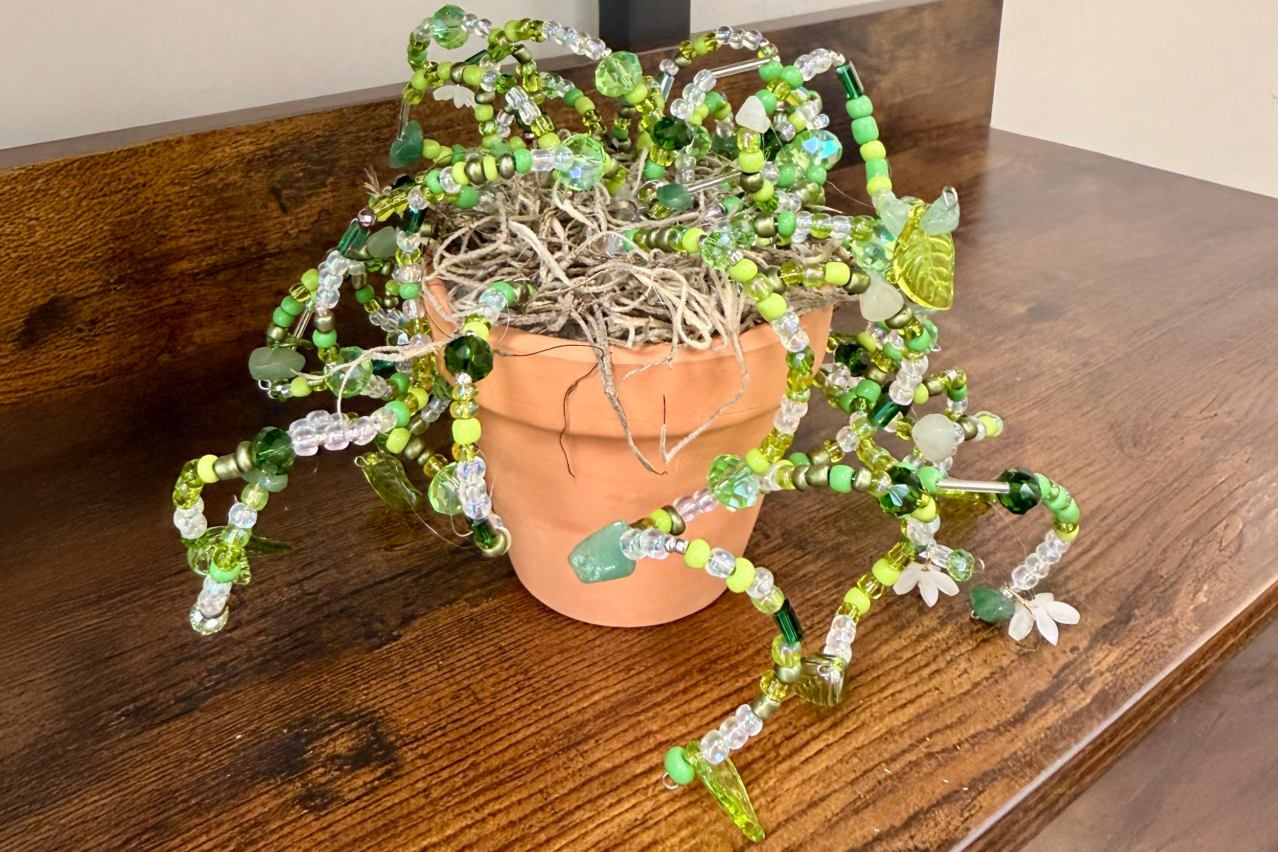 a beaded plant in a terra cotta pot on a brown shelf.