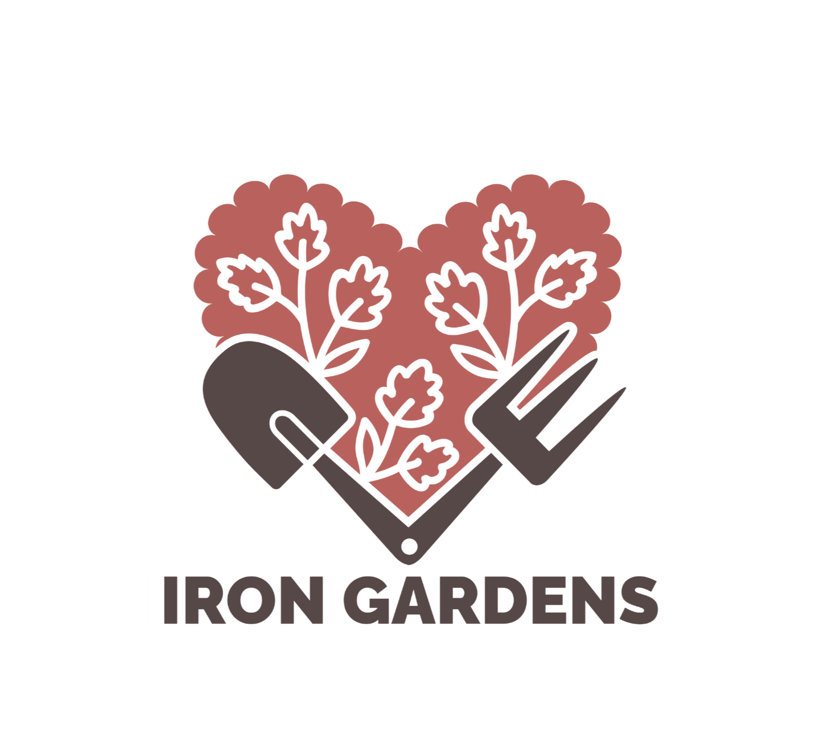 A logo for Iron Gardens featuring a stylized heart with gardening tools and plants inside, with text underneath reading 'IRON GARDENS'
