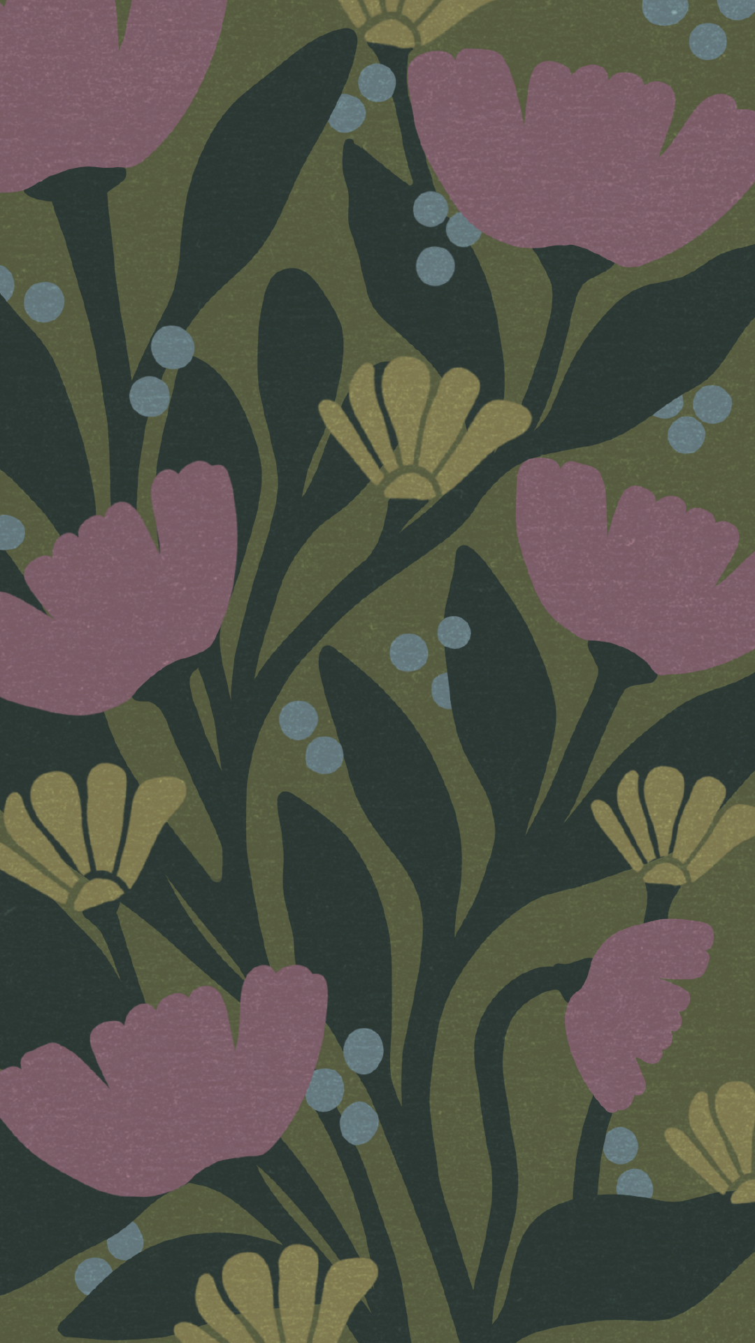 A floral pattern with pink flowers, yellow flowers, dark green leaves, and small blue berries on a muted green background.