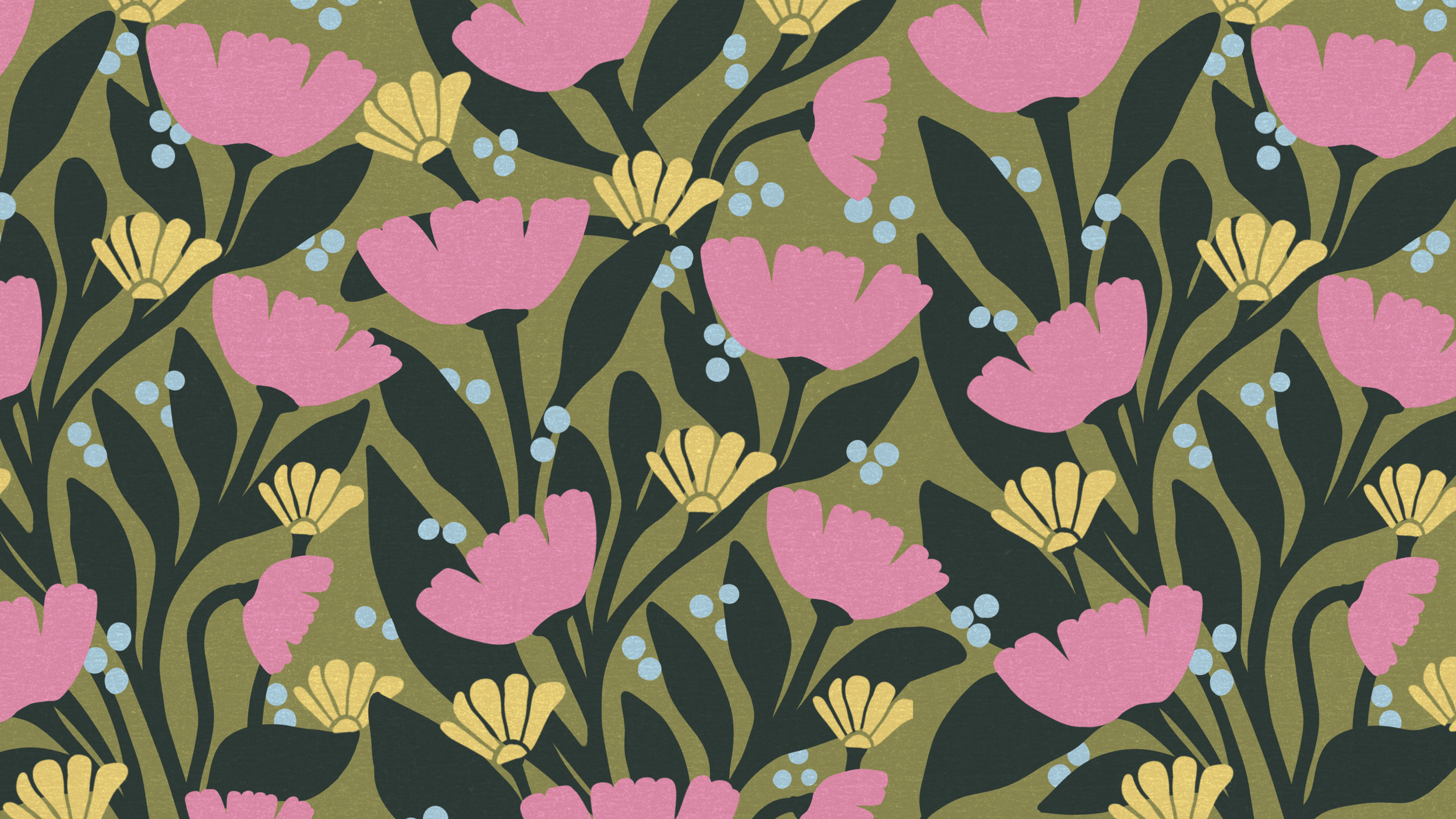 Pattern of pink flowers, yellow flowers, dark green leaves, and small light blue berries on a muted green background.