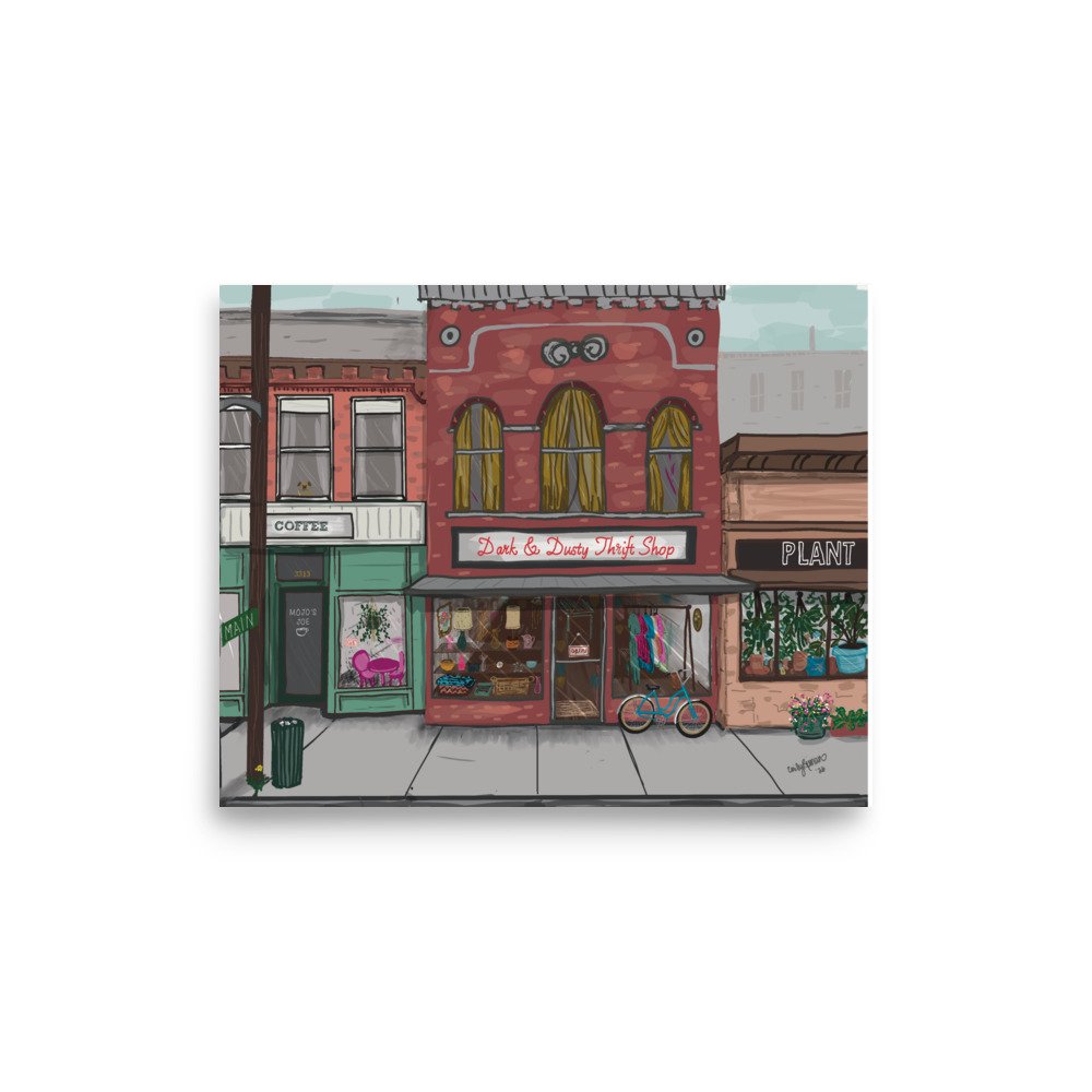 Small Town Main Street Archival Matte Print | Thrift Shop, Coffee Shop, Plant Store Art