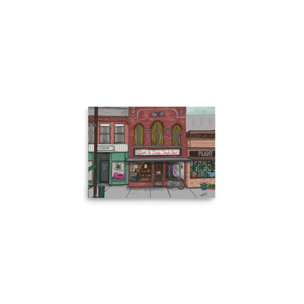 Small Town Main Street Archival Matte Print | Thrift Shop, Coffee Shop, Plant Store Art