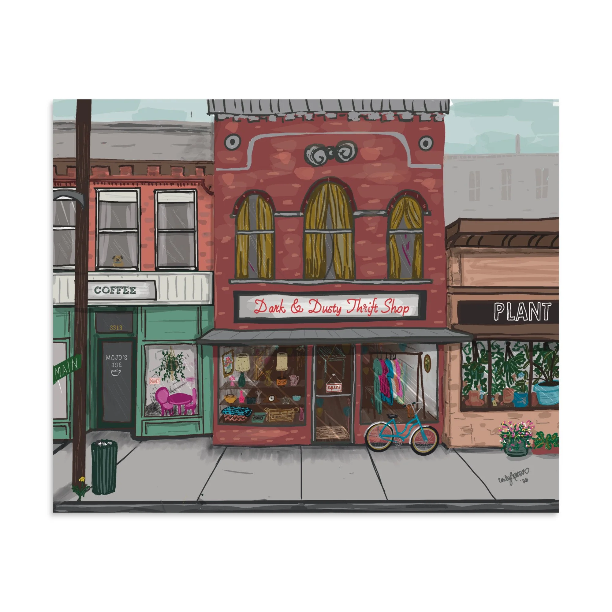 Small Town Main Street Archival Matte Print | Thrift Shop, Coffee Shop, Plant Store Art