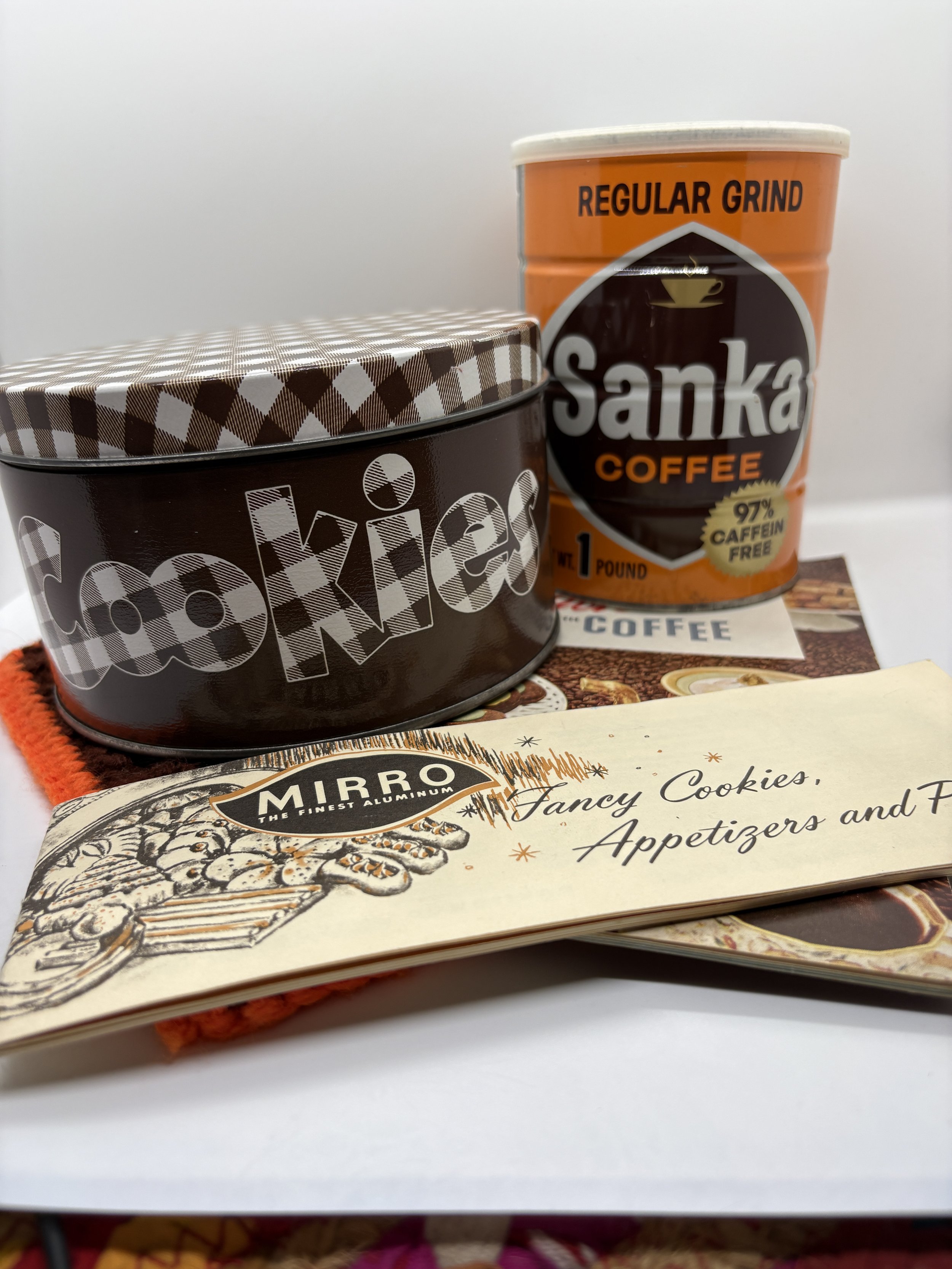 Mid-Century Cozy Kitchen Bundle - 5pc Vintage Sanka Tin, Cookie Tin, Mirro Recipe Booklet and Pot Holder