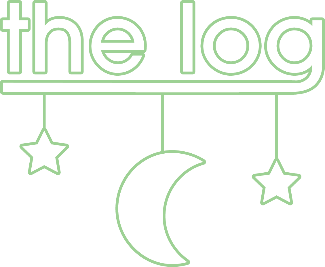 Diagram with the words "the log" in large text, a hanging star on the left, a crescent moon in the middle, and a hanging star on the right. This is the the log logo.