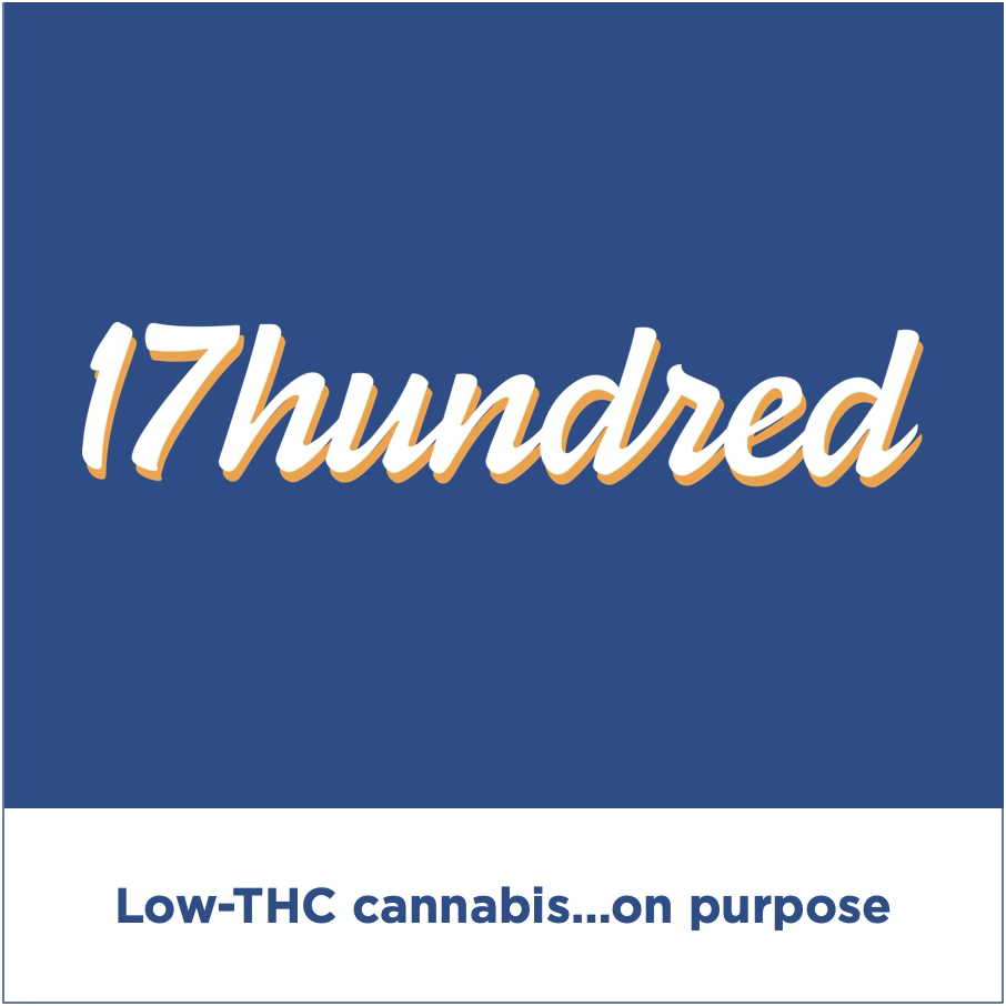 An advertisement for 17hundred, a brand of low-THC cannabis on purpose, with large stylized text and a blue and white background.