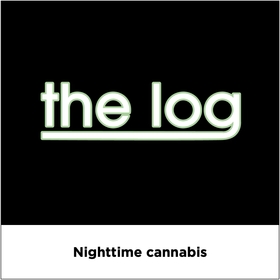 Logo for 'the log' with a subtitle 'Nighttime cannabis' on a black background.