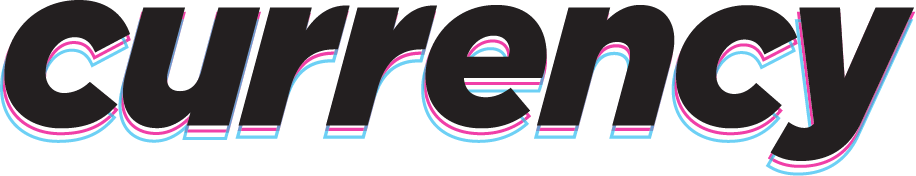 The word 'currency' in stylized black text with blue, pink, and white layered outlines. This is the currency logo.